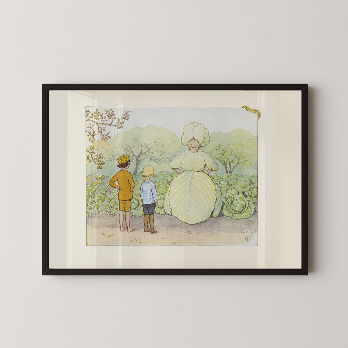 Framed art print of Fru Kålhuvud, September and Lasse by Elsa Beskow, in a black frame on a pale wall