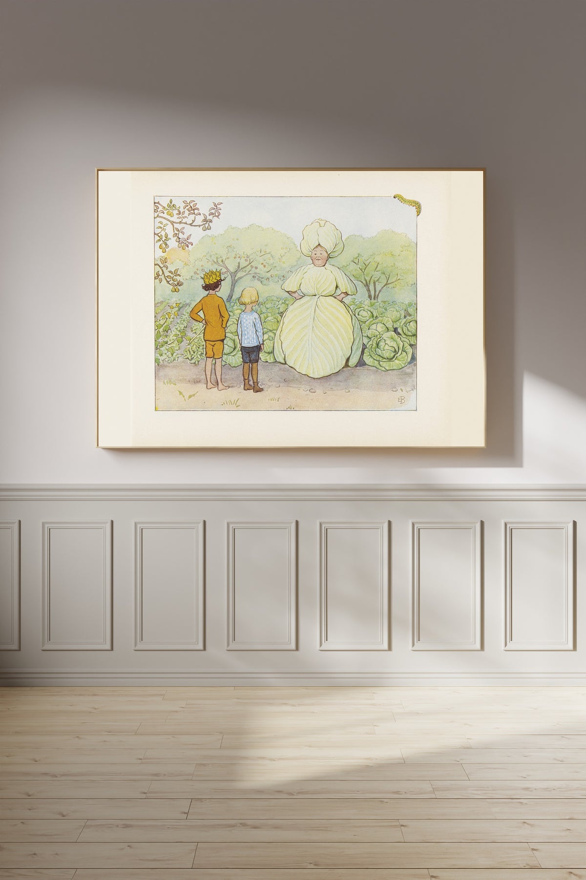 Framed art print of Fru Kålhuvud, September and Lasse by Elsa Beskow, on a panelled wall in afternoon light