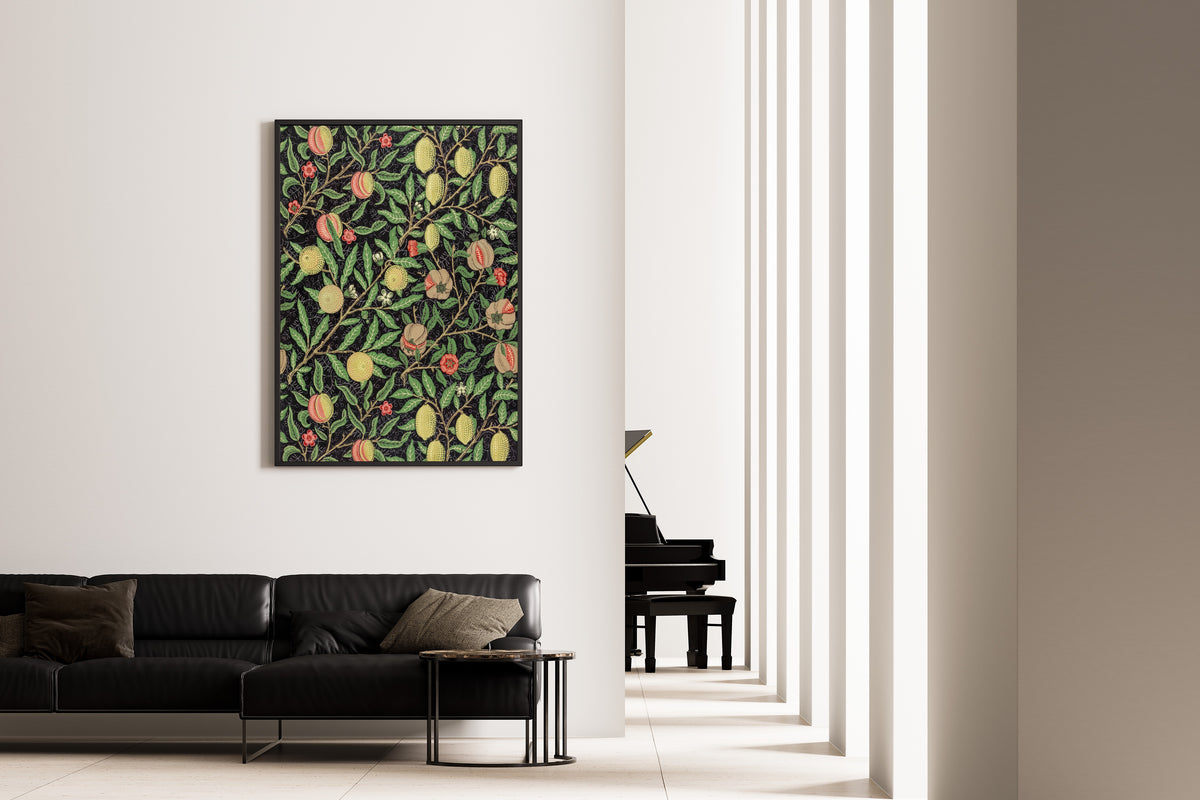 Framed art print of Fruit by William Morris, on the wall of a minimal living room