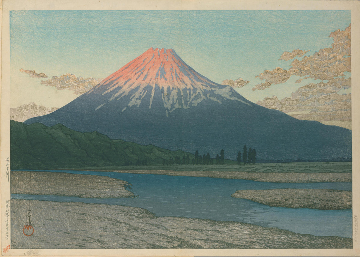 Fuji River by Kawase Hasui — Fuji with a red-orange crest above a river