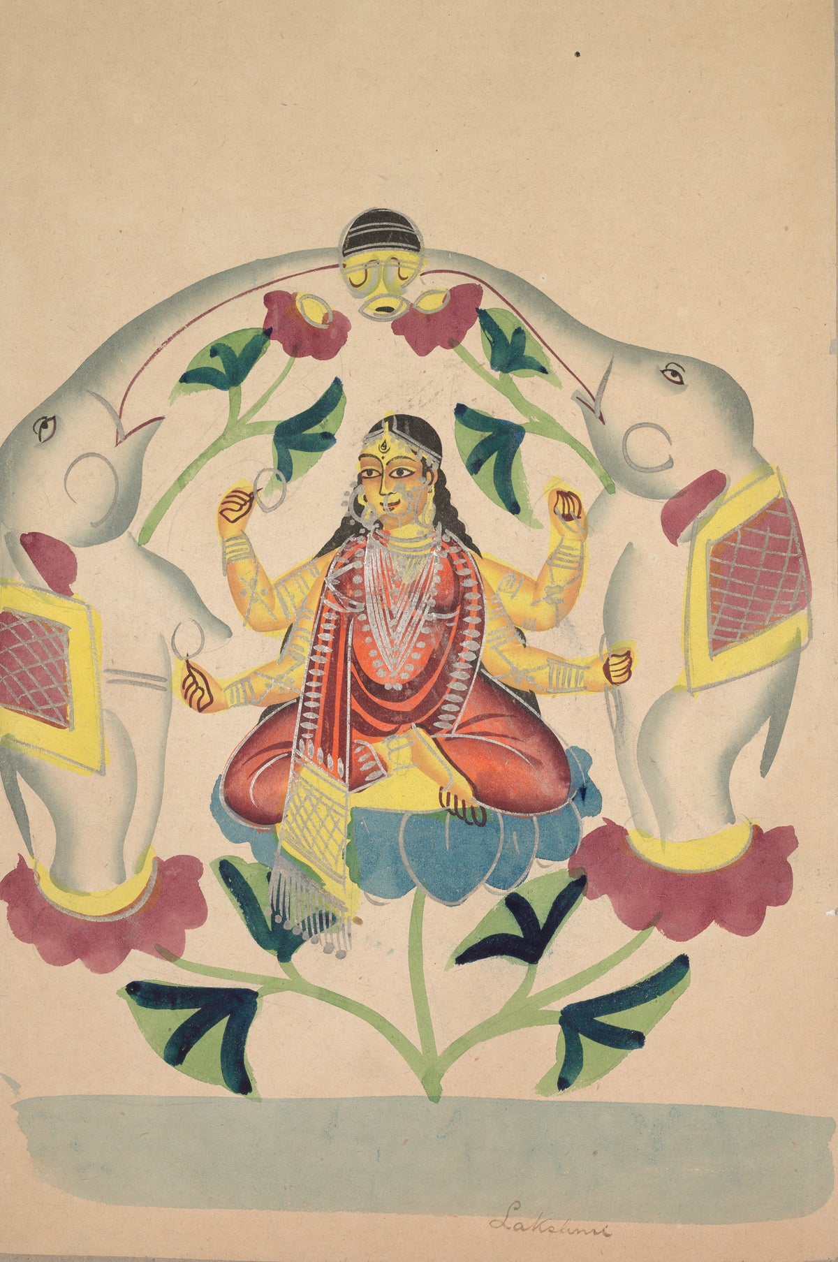 Gajalakshmi: Lakshmi with Elephants by Kalighat painter — Lakshmi on a blue lotus beneath an arch of two white elephants