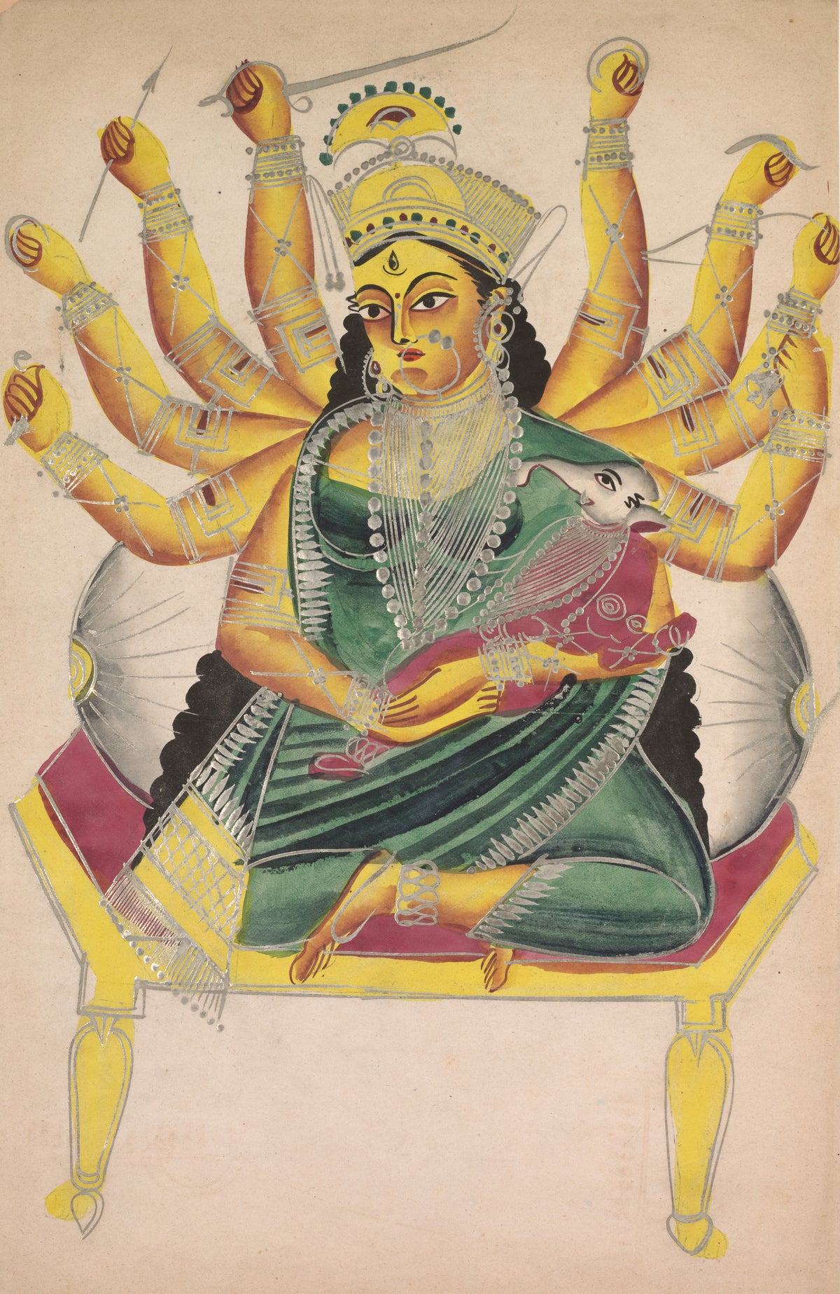 Ganesha-Janani (Mother of Ganesh) by Kalighat painter — A many-armed goddess enthroned with an elephant-headed infant