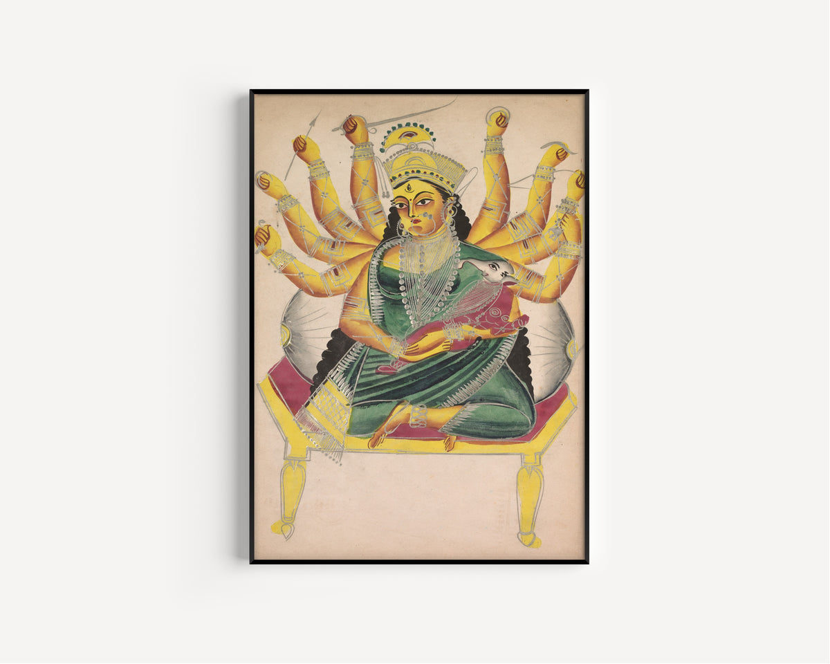 Framed art print of Ganesha-Janani (Mother of Ganesh) by Kalighat painter, in a slim black frame on a plain white wall