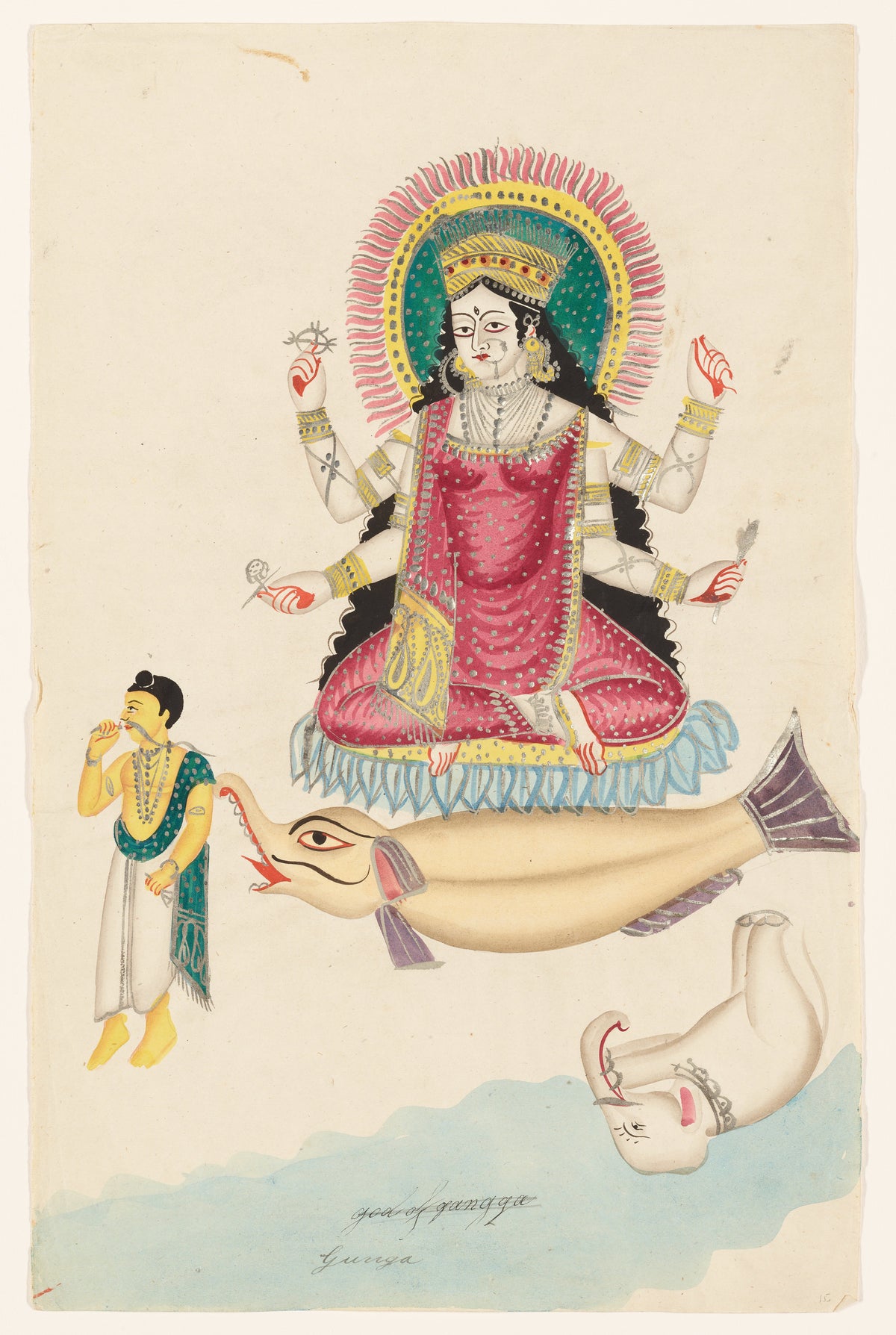 Ganga on a Crocodile by Kalighat painter — The river goddess on a lotus above a crocodile, a man at its jaws