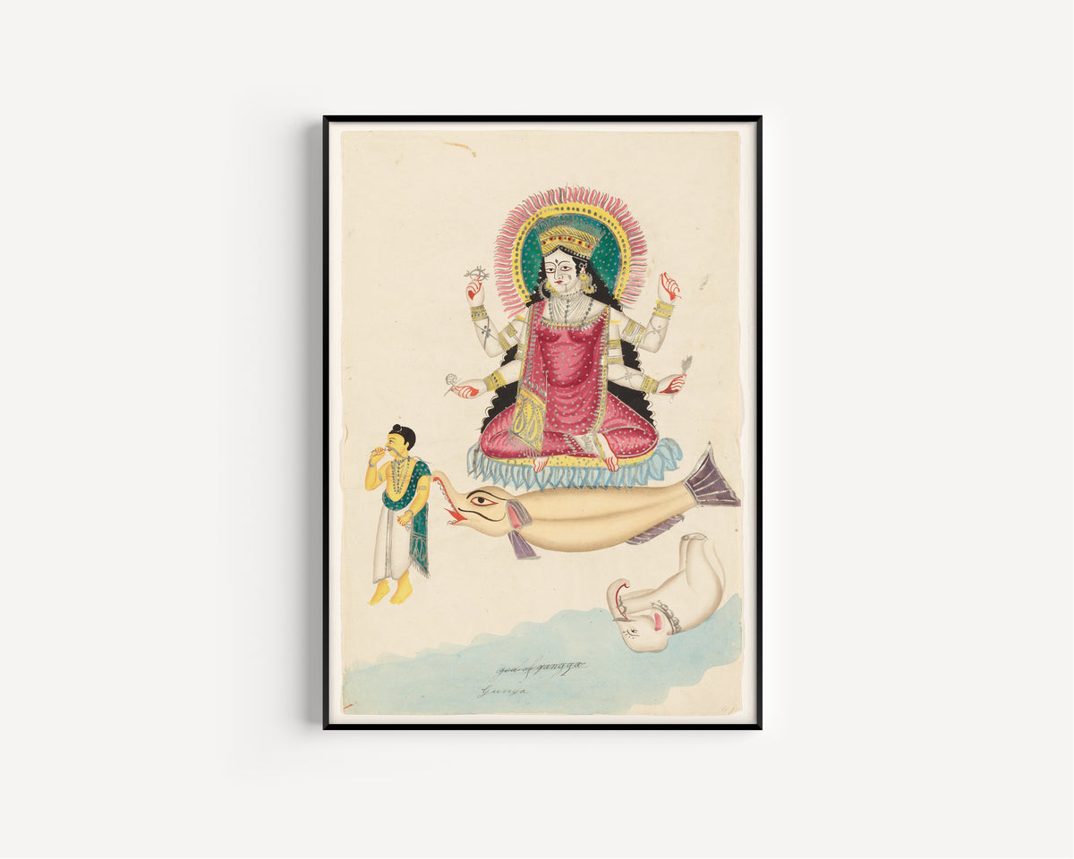 Framed art print of Ganga on a Crocodile by Kalighat painter, in a slim black frame on a plain white wall