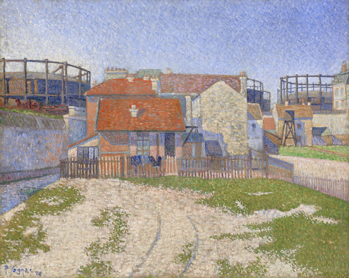 Gasometers at Clichy by Paul Signac — Gasometer frames behind red-roofed houses and a sandy yard