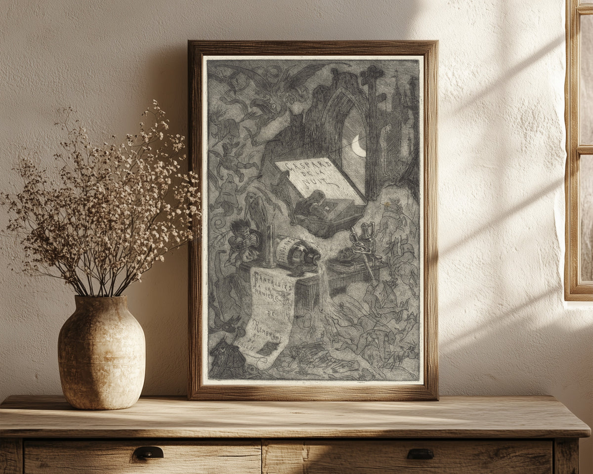 Framed art print of Gaspard de la Nuit by Félicien Rops, in a dark wood frame leaning on a rustic console beside dried flowers