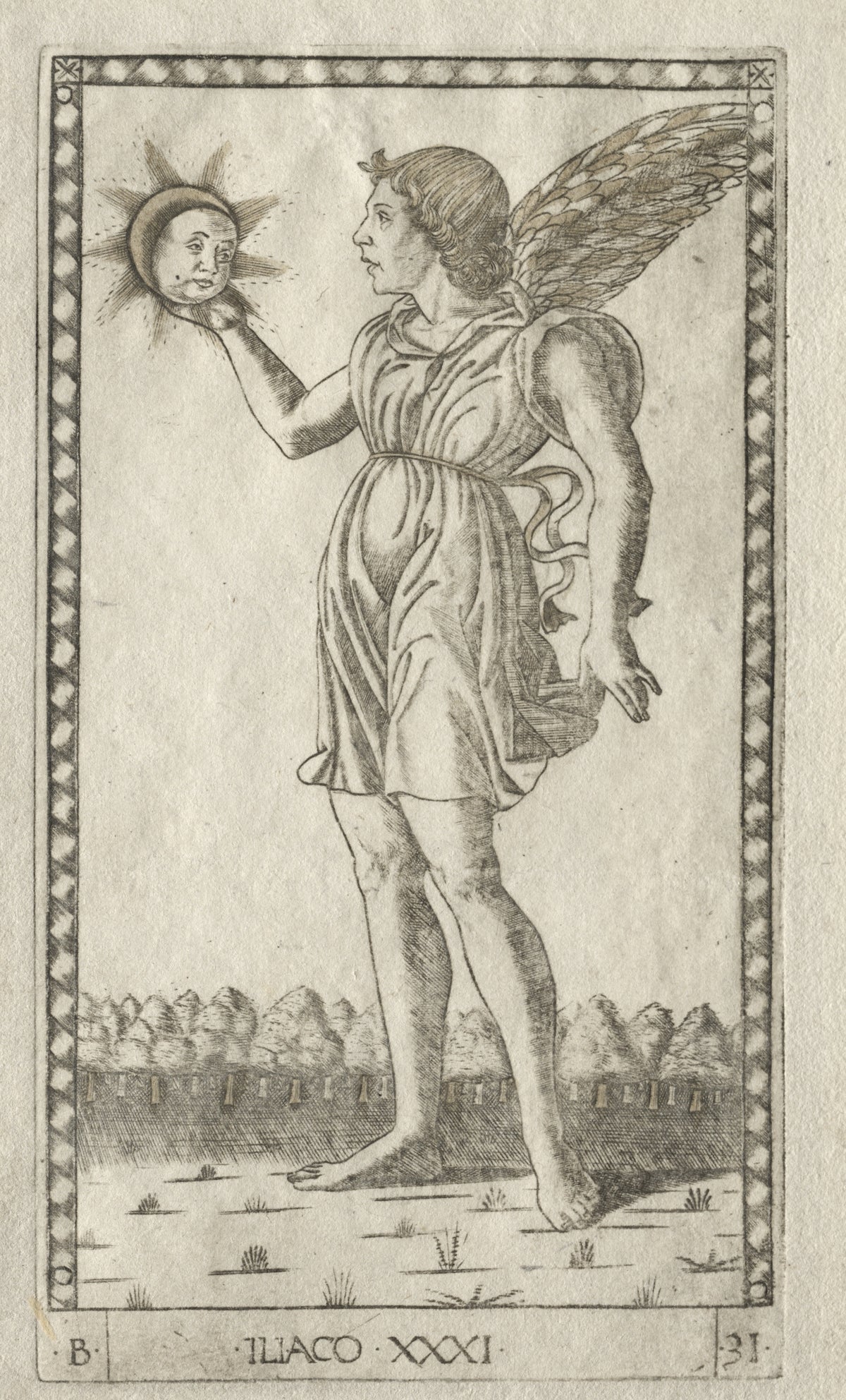 Genius of the Sun (from the Tarocchi, Series B: Cosmic Spheres) by Master of the E-Series Tarocchi — A winged youth holds up a sun with a human face