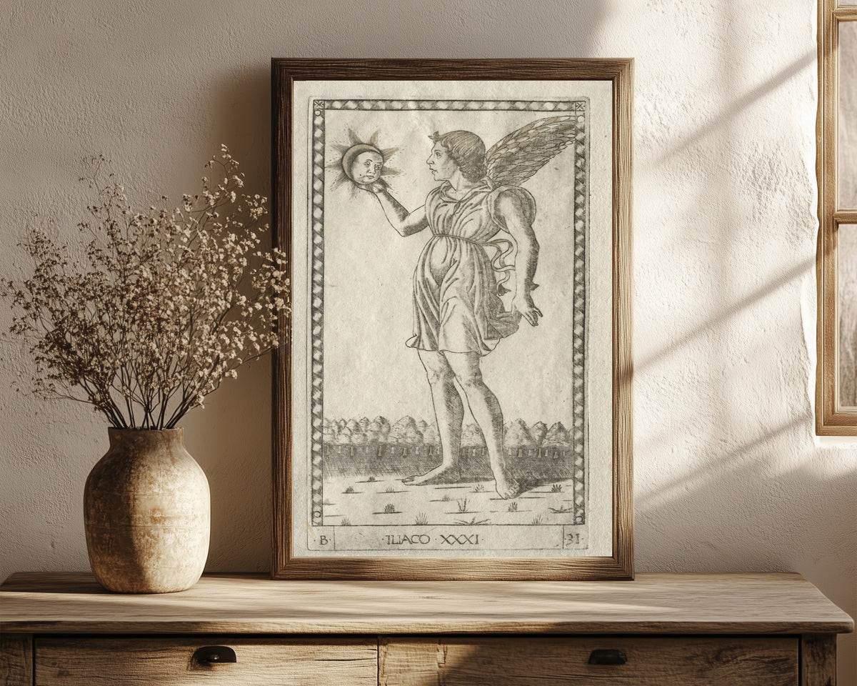 Framed art print of Genius of the Sun (from the… by Master of the E-Series Tarocchi, in a dark wood frame leaning on a rustic console beside dried flowers