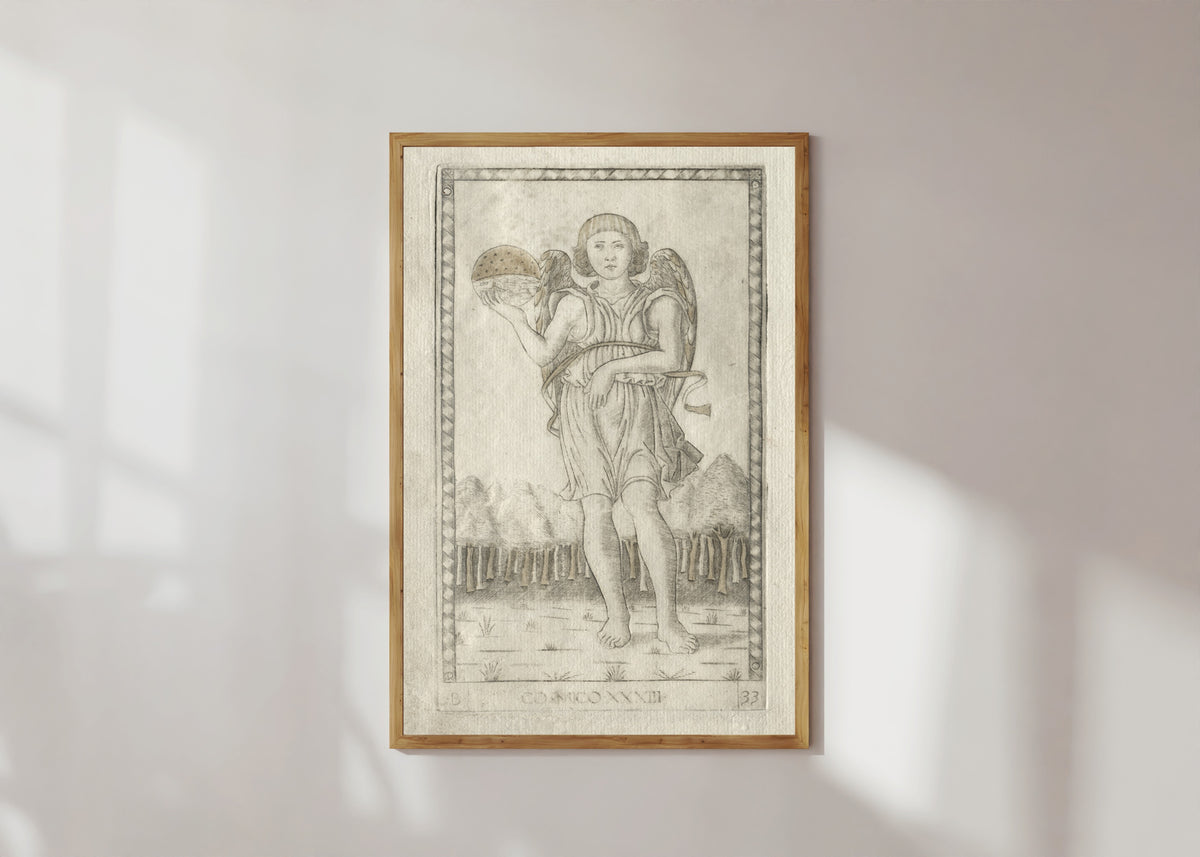 Framed art print of Genius of the World (from the Tarocchi, Series B: Cosmic… by Master of the E-Series Tarocchi, in a light wood frame on a sunlit white wall