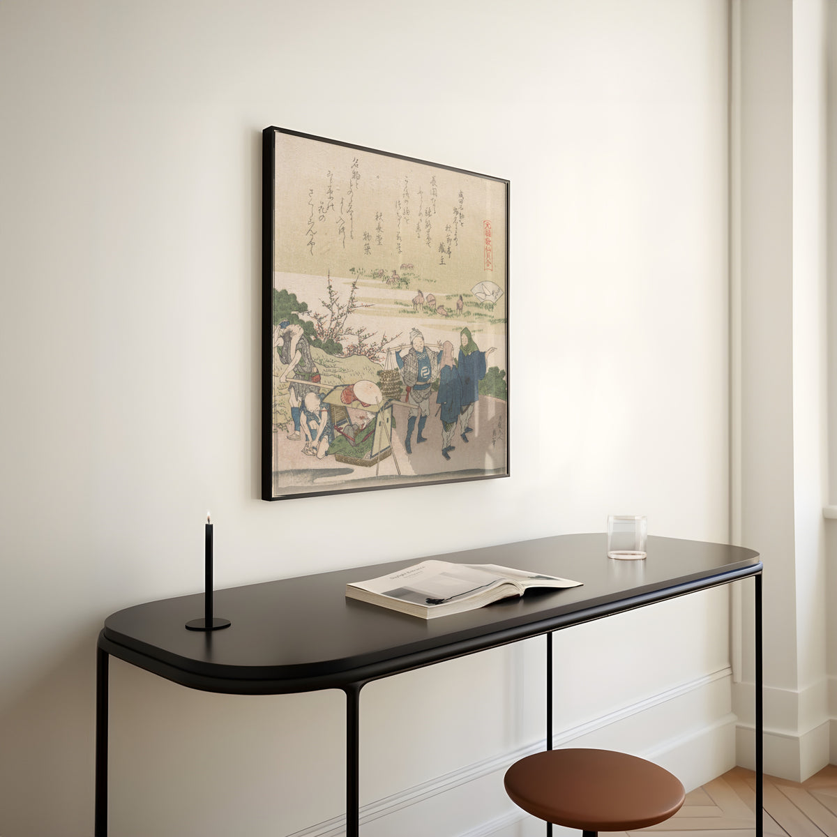 Framed art print of Genroku Poetry Shell Games: Cherry Shell by Katsushika Hokusai, above a slim black console table
