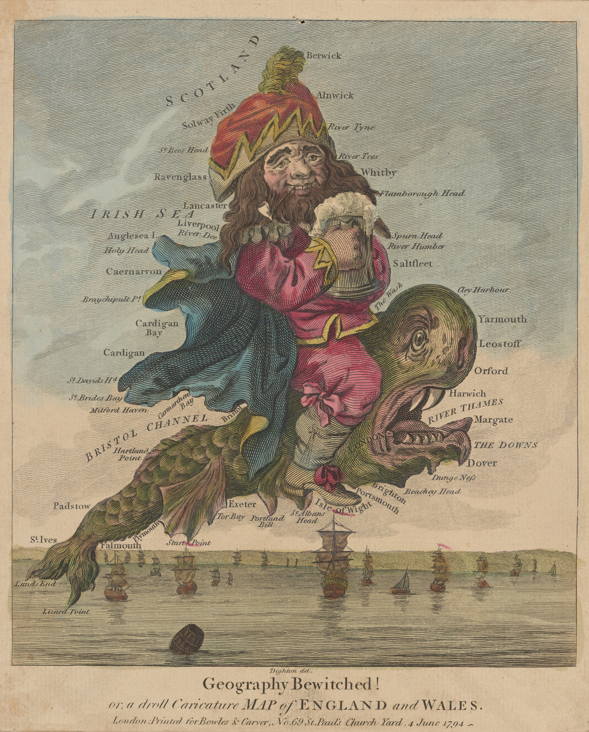 Robert Dighton — Geography Bewitched! A Droll Caricature Map of England and Wales | Satirical Map Print