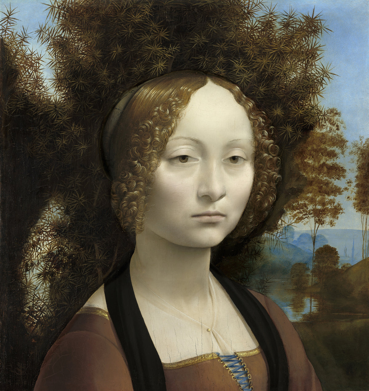 Ginevra de’ Benci by Leonardo da Vinci — A pale, unsmiling young woman before a juniper bush and a lake