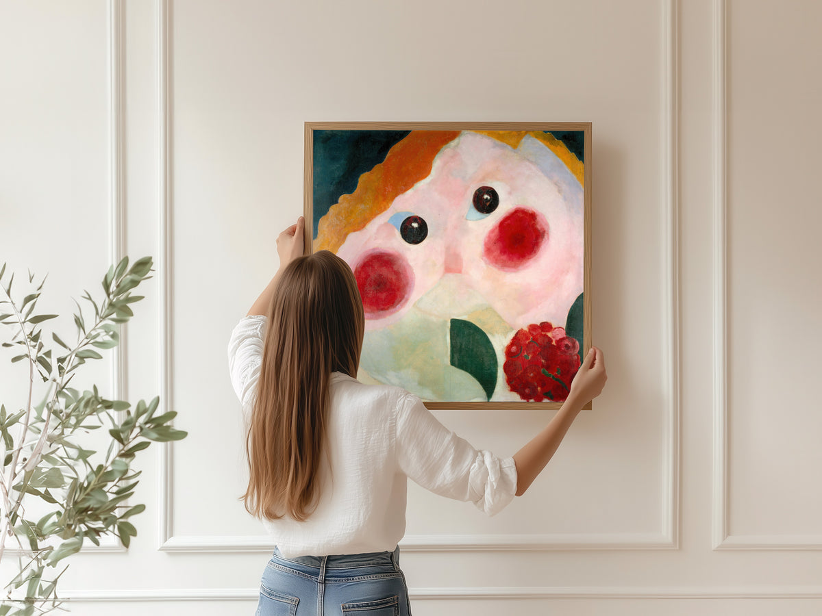Framed art print of Girl with Buttercups by Theo van Doesburg, hung on a panelled wall