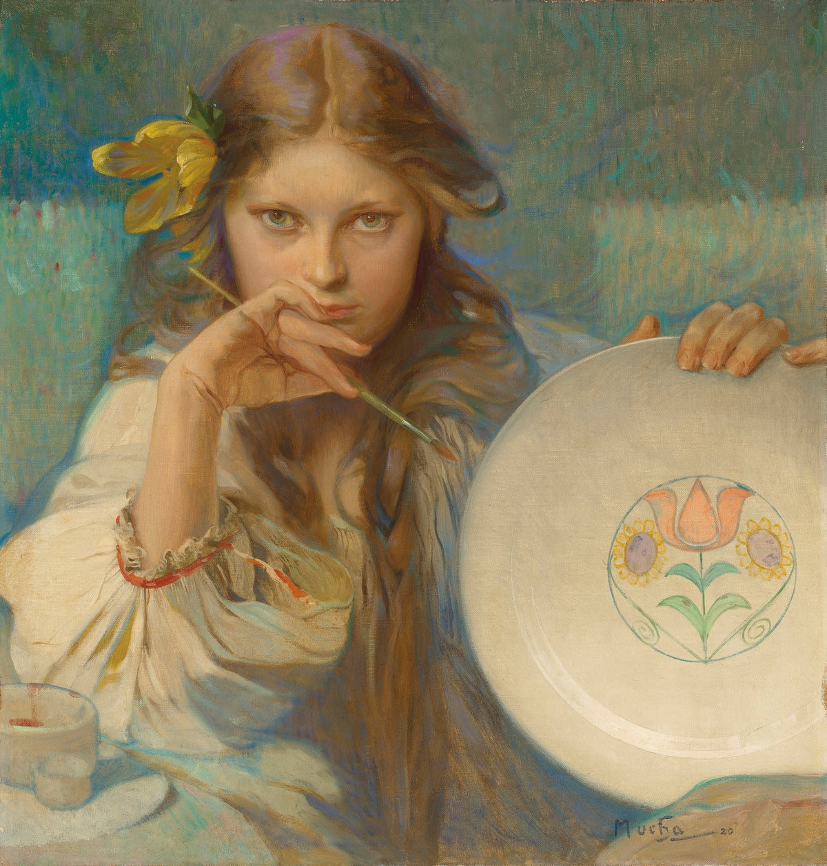 Girl with a Plate with a Folk Motif by Alphonse Mucha — A girl with a yellow flower holds a painted plate and meets your eye