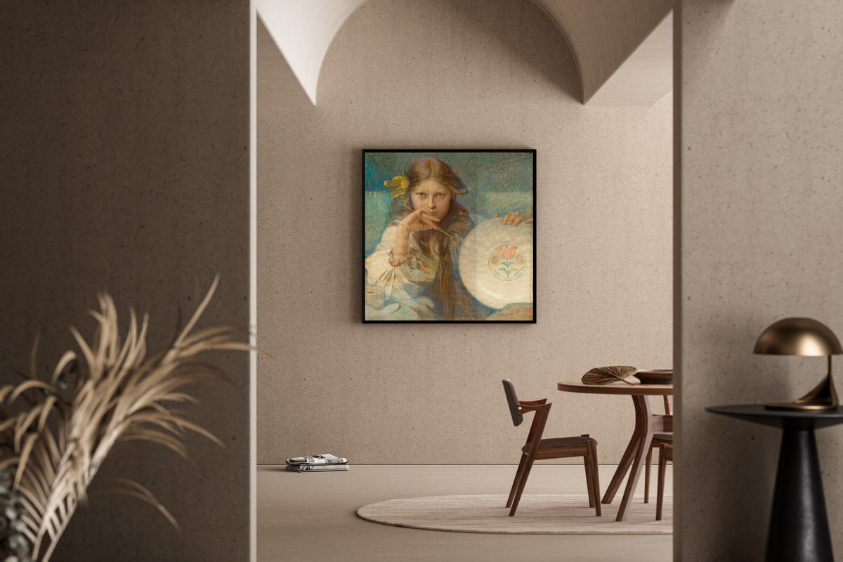 Framed art print of Girl with a Plate with a Folk Motif by Alphonse Mucha, in a sunlit dining corner