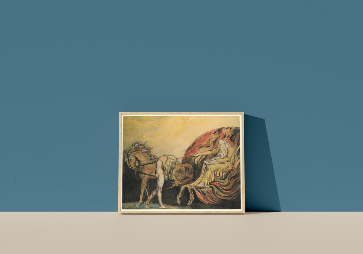 Framed art print of God Judging Adam by William Blake, in a light wood frame leaning on a blue wall