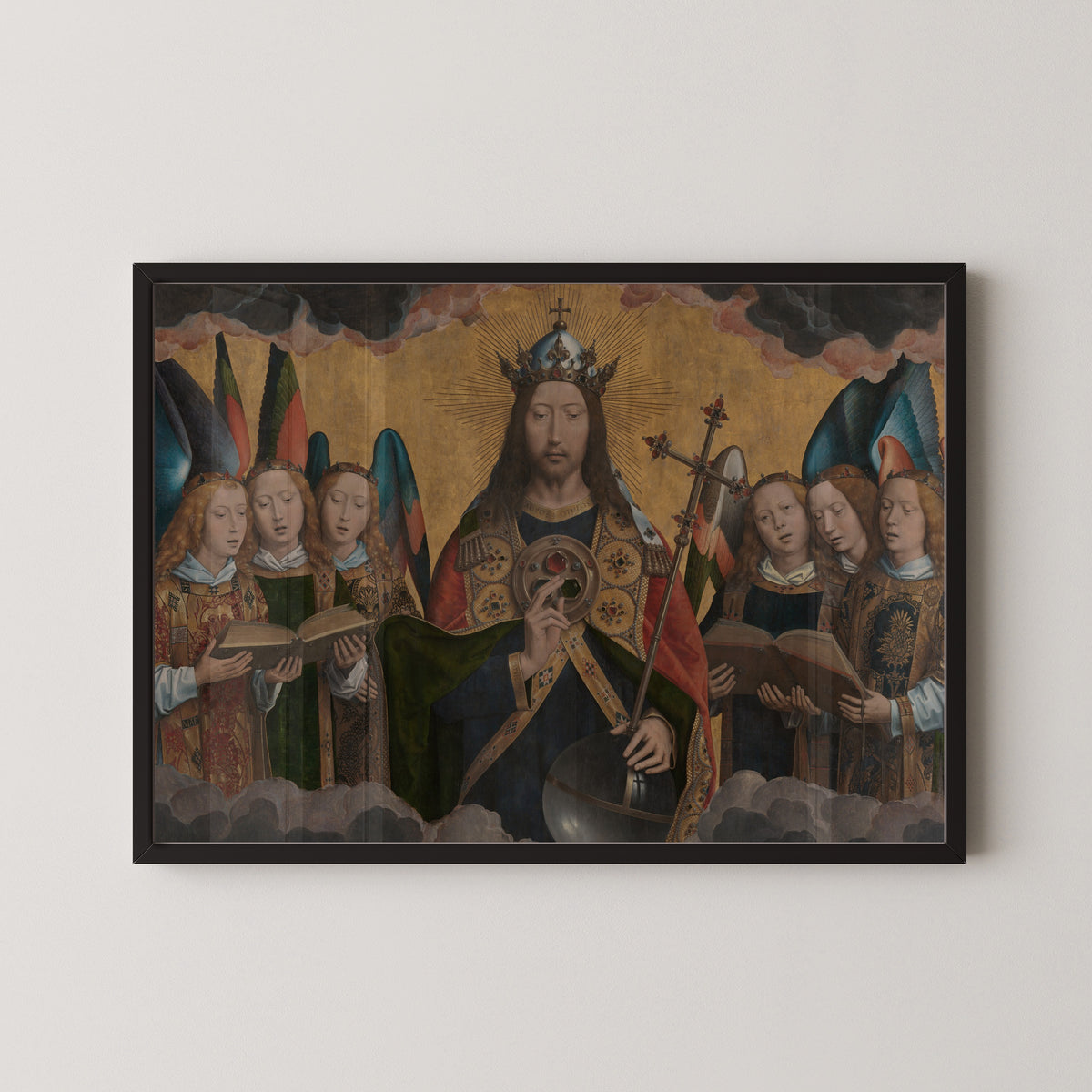 Framed art print of God the Father with Singing Angels by Hans Memling, in a black frame on a pale wall