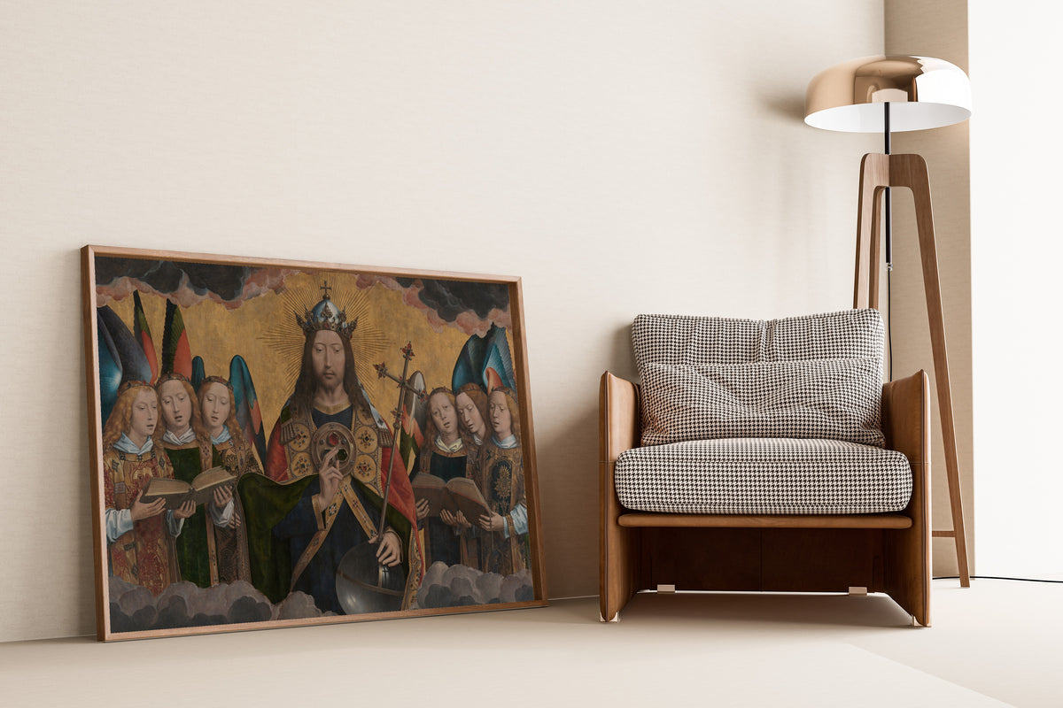 Framed art print of God the Father with Singing Angels by Hans Memling, leaning against a wall beside an armchair and a floor lamp
