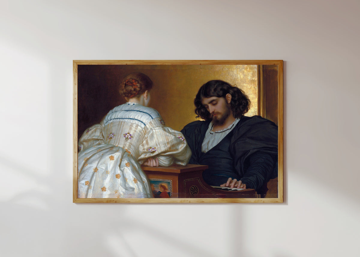 Framed art print of Golden Hours by Frederic Leighton, in a light wood frame on a sunlit white wall