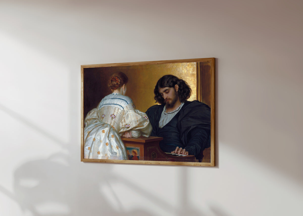 Framed art print of Golden Hours by Frederic Leighton, in a light wood frame on a sunlit white wall, seen at a slight angle