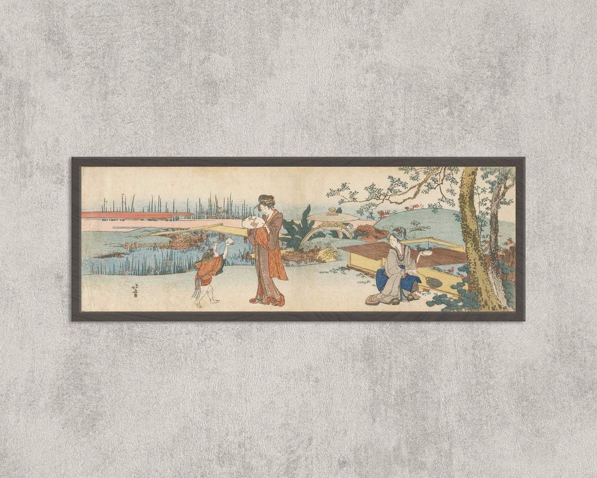 Framed art print of Goldfish Vendor by Katsushika Hokusai, in a wide frame on a concrete wall