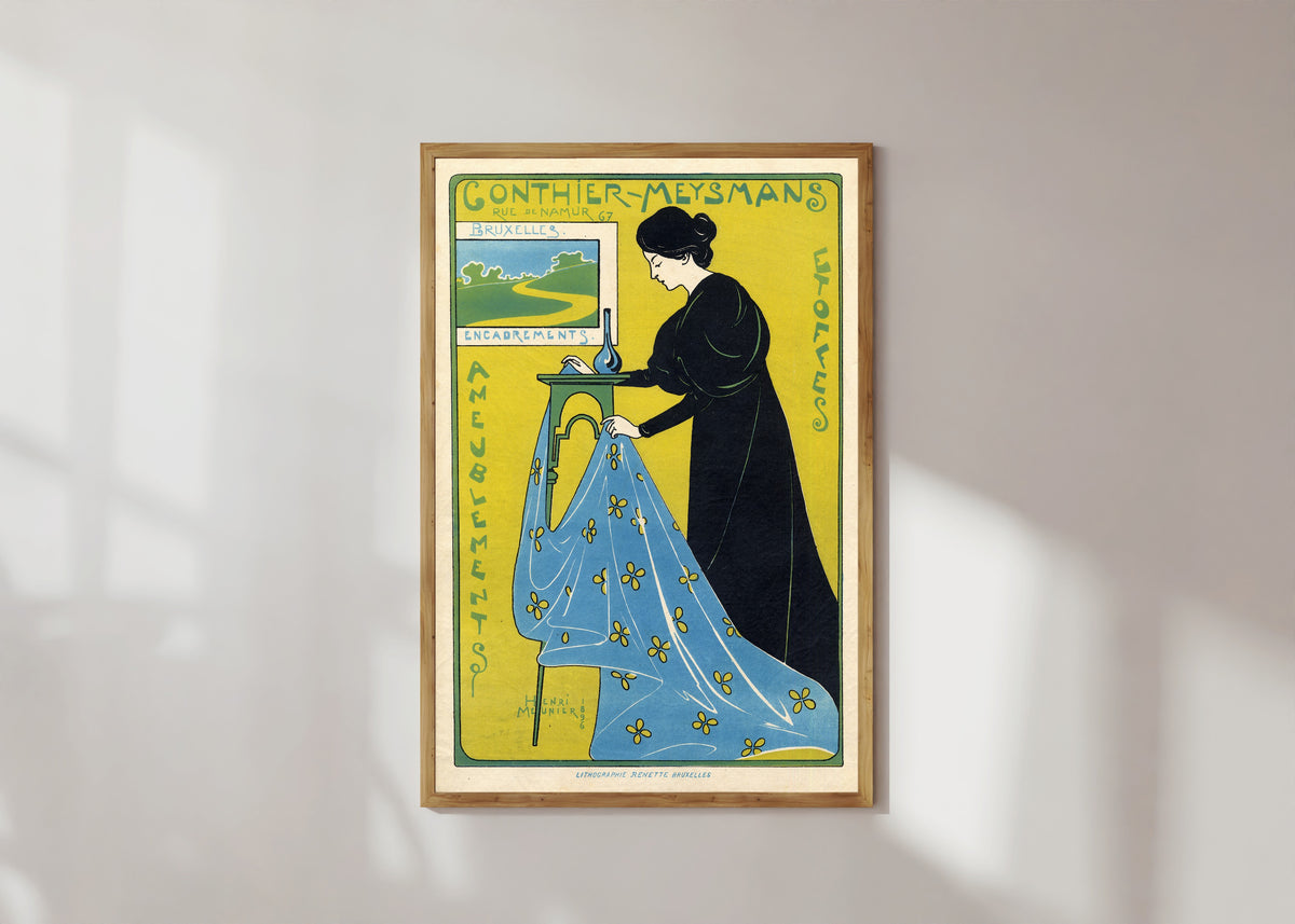 Framed art print of Gonthier-Meysmans, Rue de Namur 67, Bruxelles by Henri Meunier, in a light wood frame on a sunlit white wall