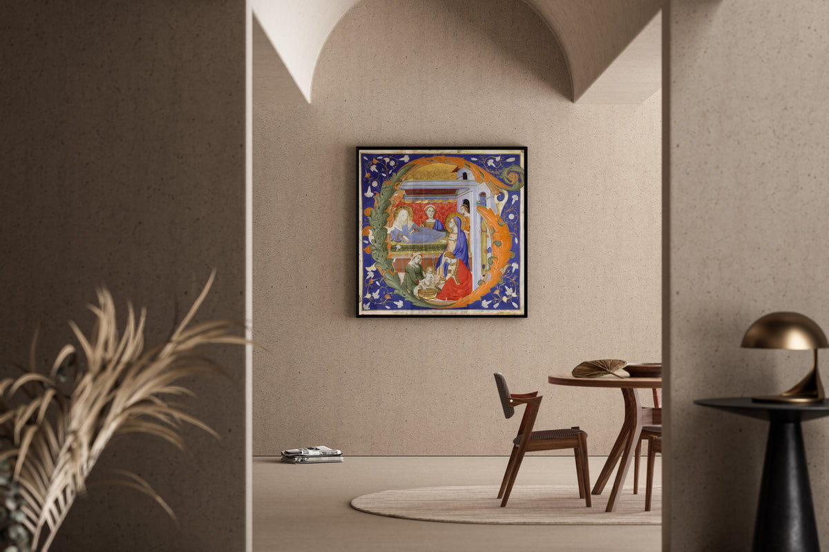 Framed art print of Gradual: The Birth of the Virgin in an Initial G by Don Silvestro de' Gherarducci, in a sunlit dining corner