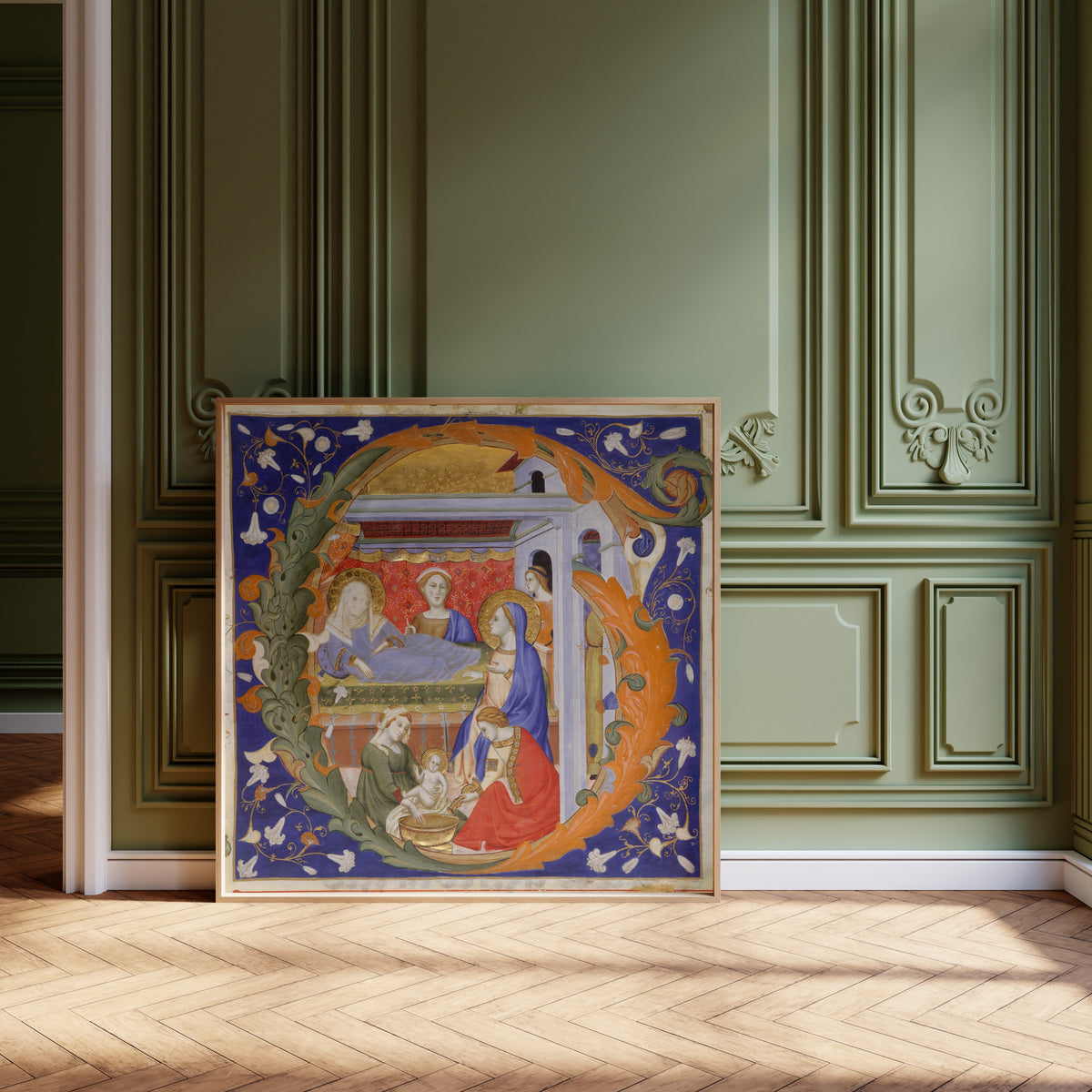 Framed art print of Gradual: The Birth of the Virgin in an… by Don Silvestro de' Gherarducci, leaning against olive-green panelling on a herringbone floor