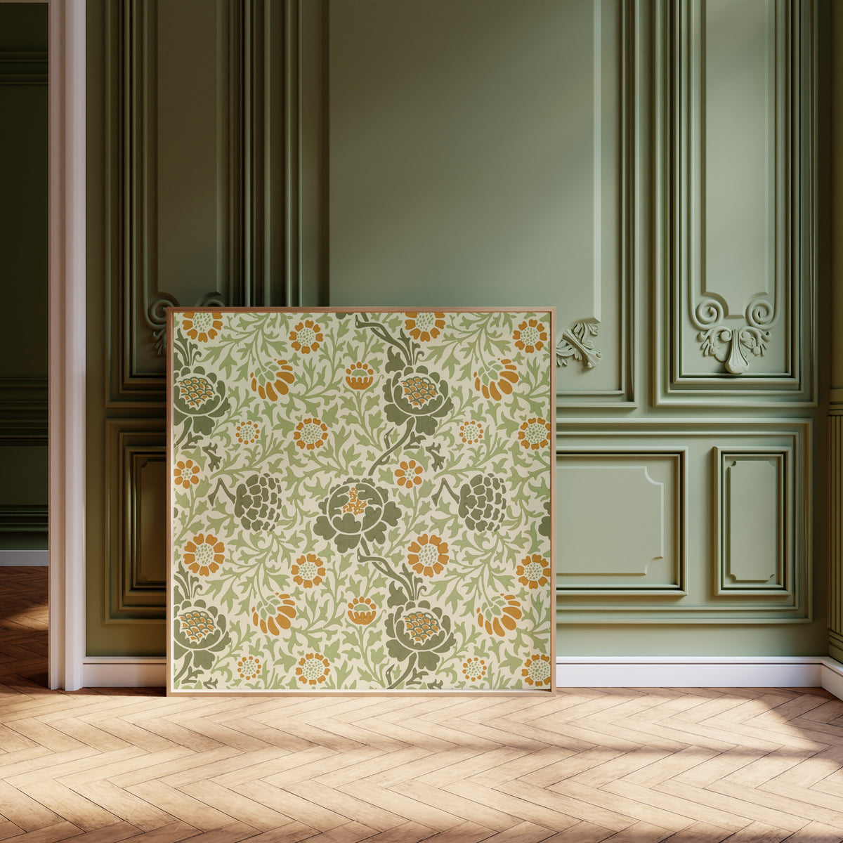 Framed art print of Grafton by William Morris, leaning against olive-green panelling on a herringbone floor
