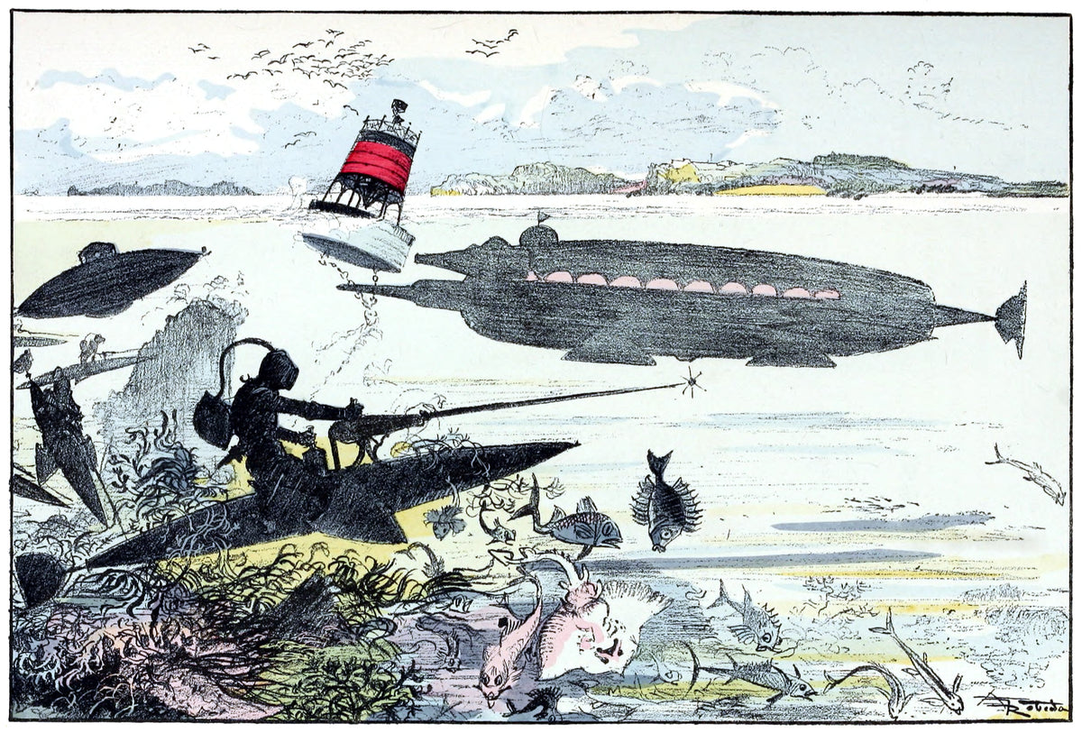 Monitor sous-marin surpris par les torpédistes by Albert Robida — A helmeted diver on a torpedo craft takes aim at a giant submarine