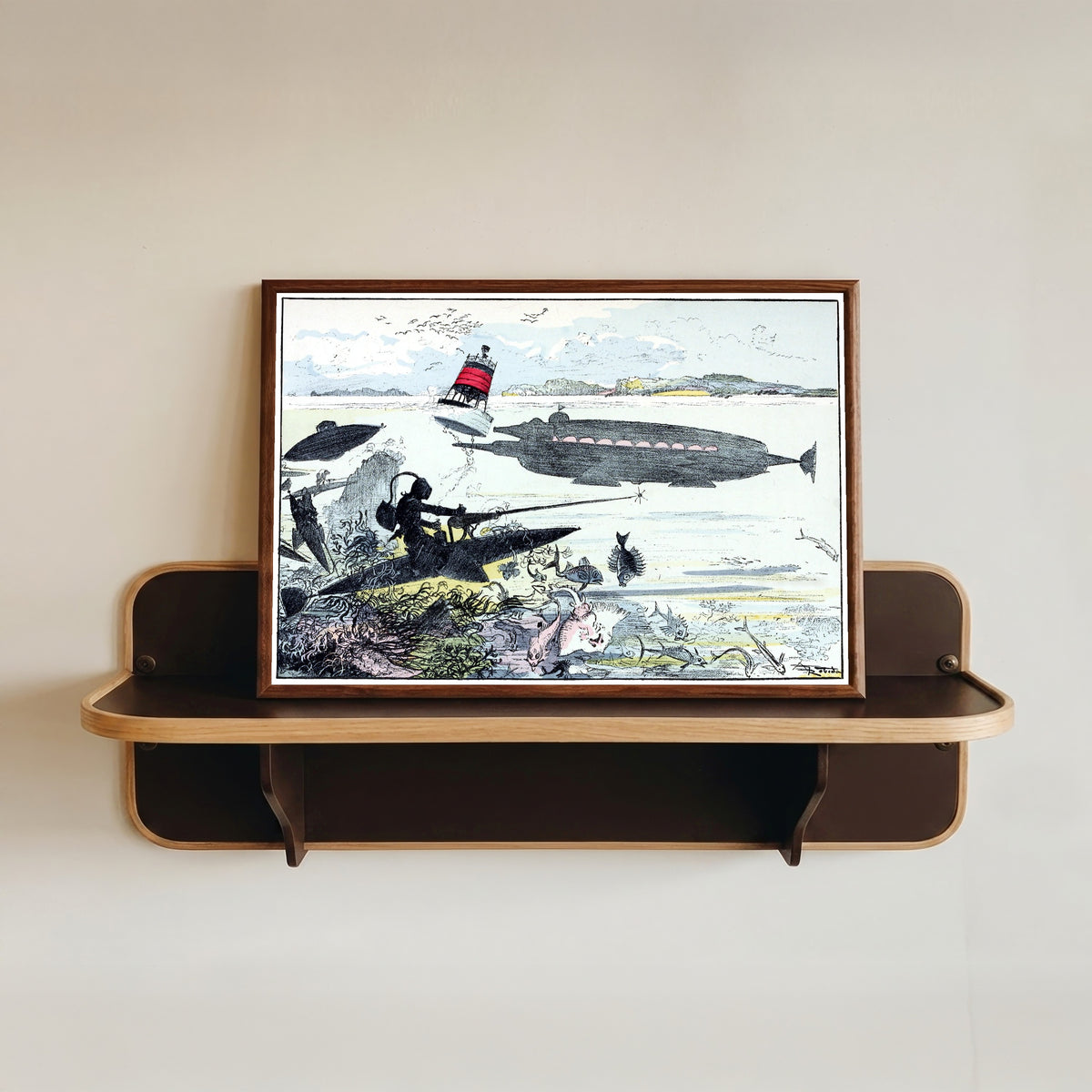 Framed art print of Monitor sous-marin surpris par les torpédistes by Albert Robida, in a dark wood frame resting on a wall shelf