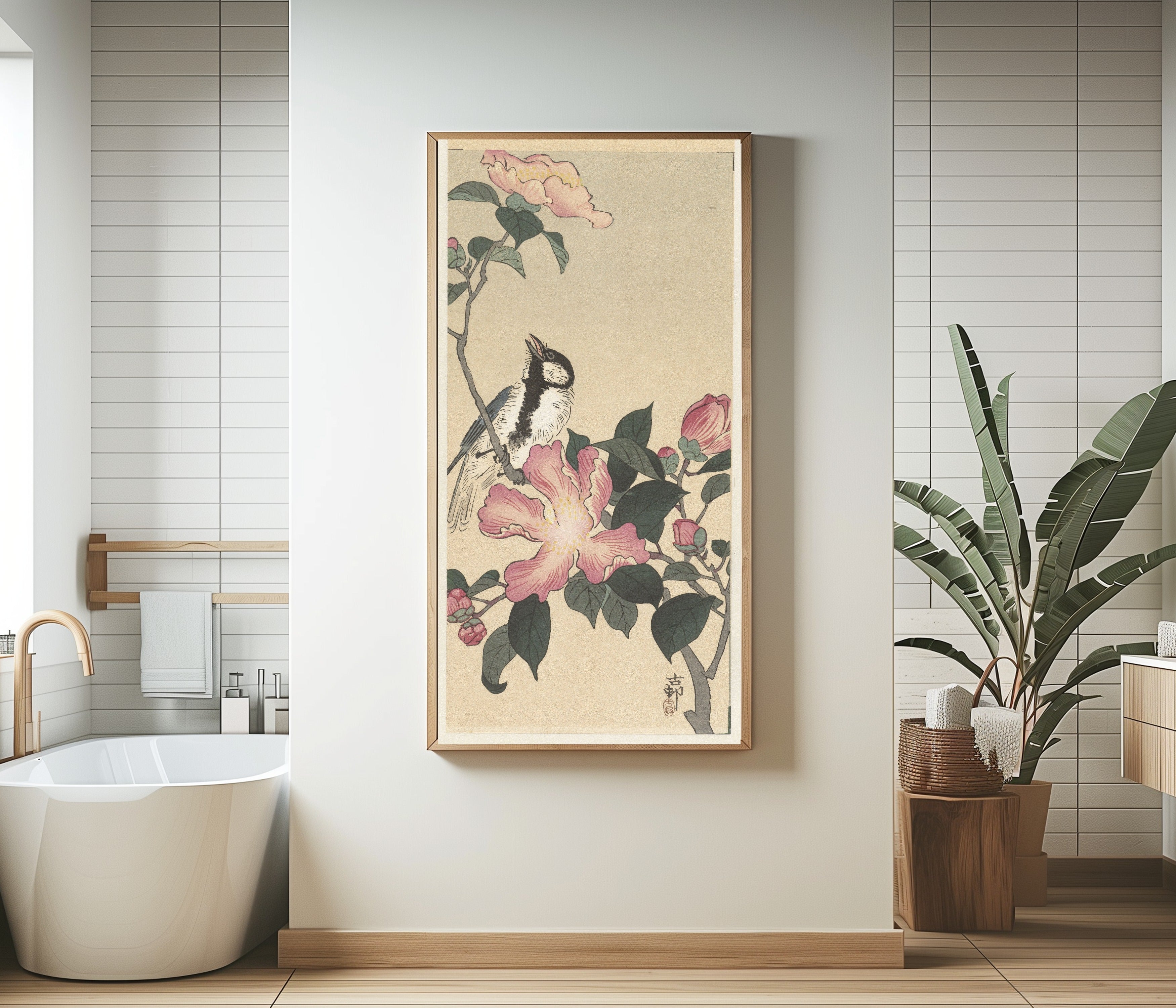 Ohara Koson — Great Tit on Branch with Pink Flowers | Japanese Bird & Flower Woodblock Print
