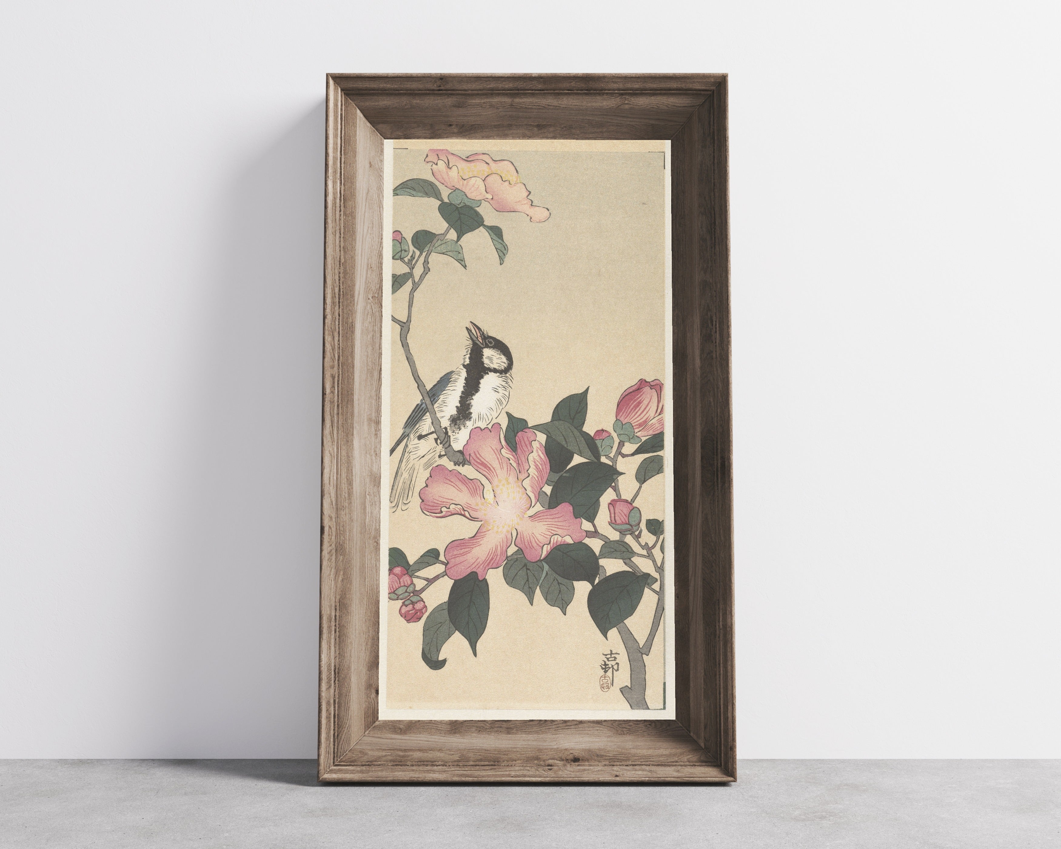 Ohara Koson — Great Tit on Branch with Pink Flowers | Japanese Bird & Flower Woodblock Print