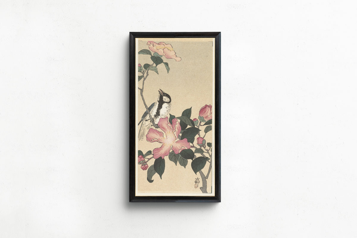 Ohara Koson — Great Tit on Branch with Pink Flowers | Japanese Bird & Flower Woodblock Print