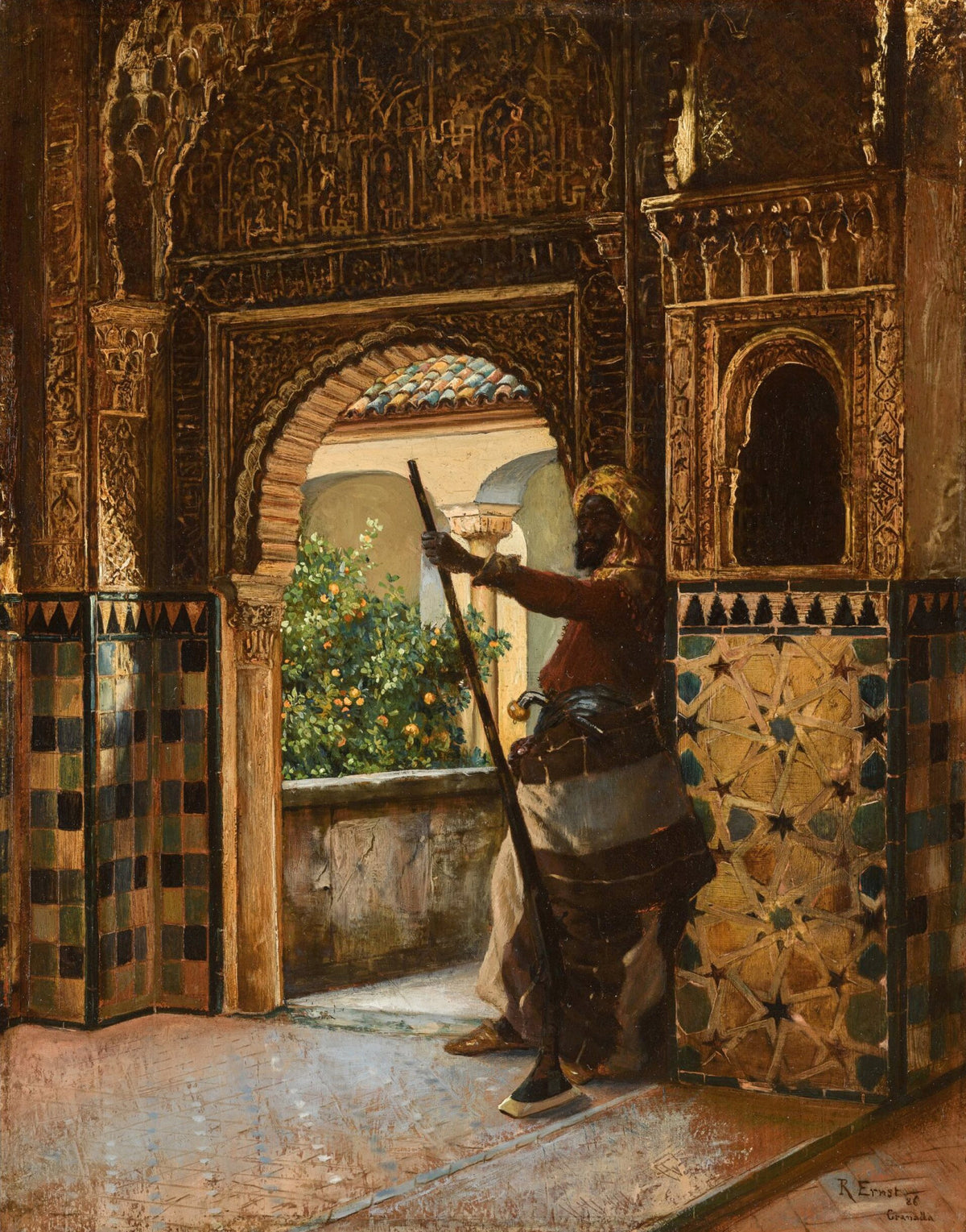Guarding the Alhambra by Rudolf Ernst — A guard with a long musket leans in a carved Alhambra archway