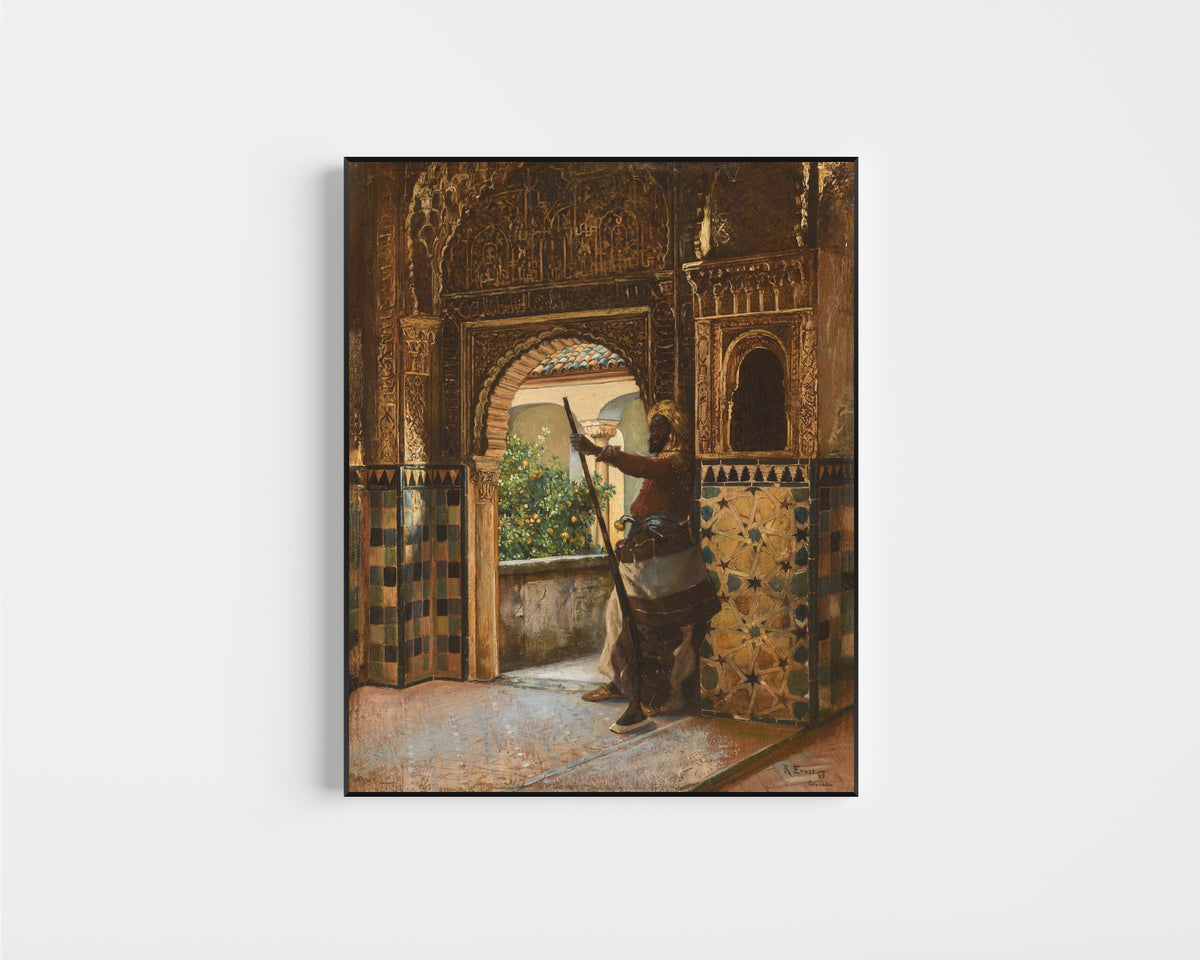 Framed art print of Guarding the Alhambra by Rudolf Ernst, in a slim black frame on a plain white wall