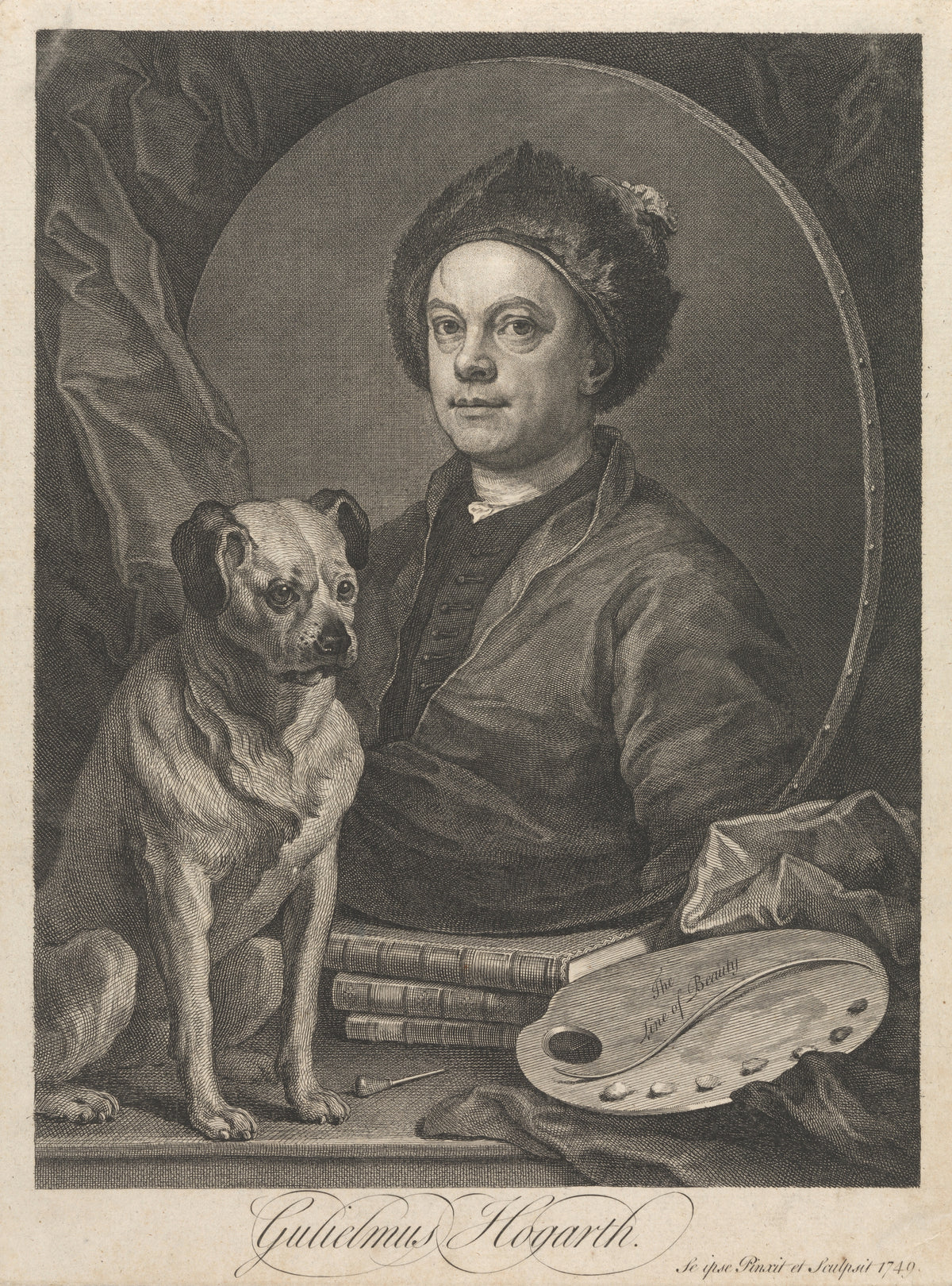 Gulielmus Hogarth by William Hogarth — A painter in a fur cap sits beside his pug, a palette at his side