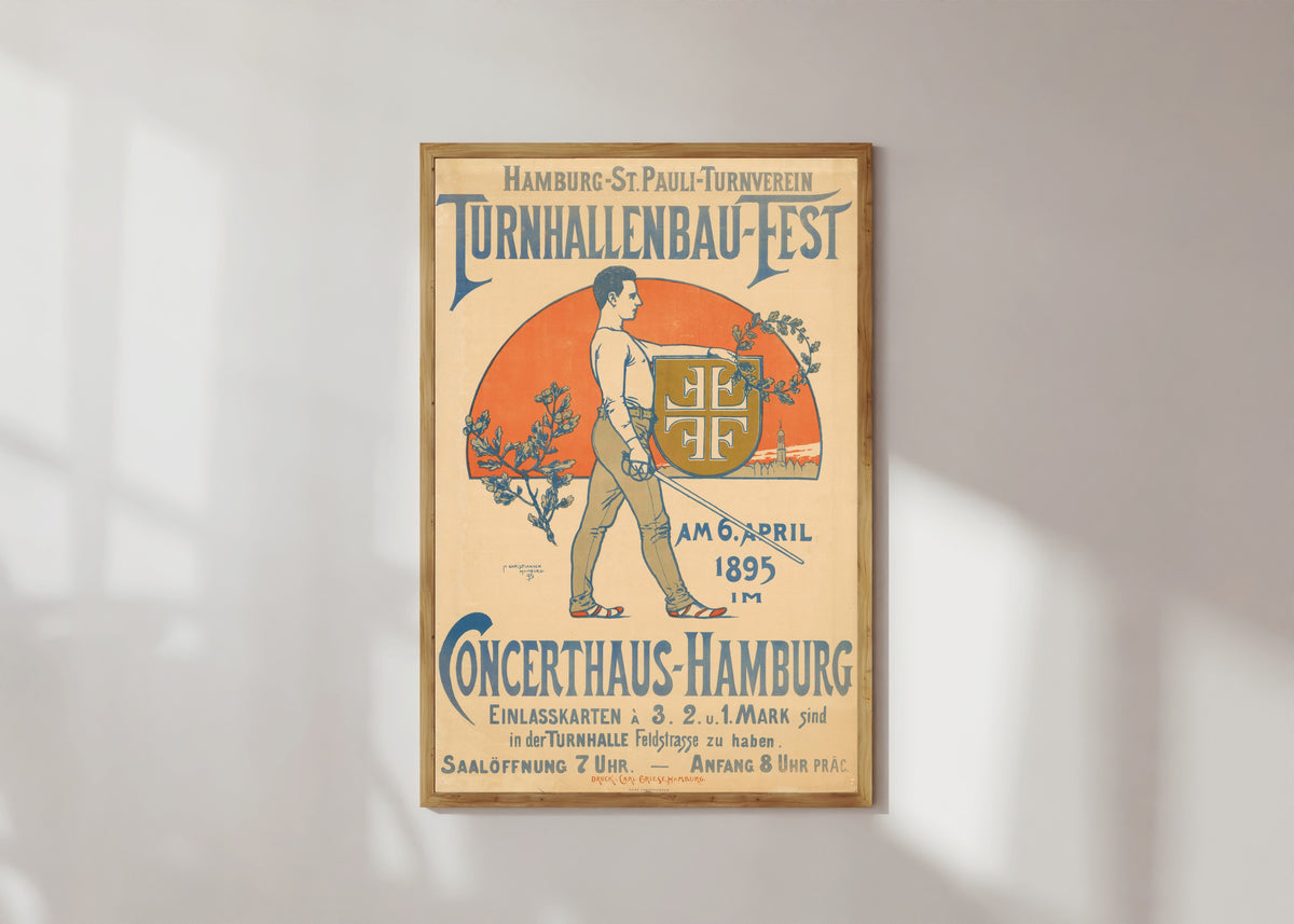 Framed art print of Hamburg-St. Pauli Turnverein: Turnhallenbau-Fest by Hans Christiansen, in a light wood frame on a sunlit white wall
