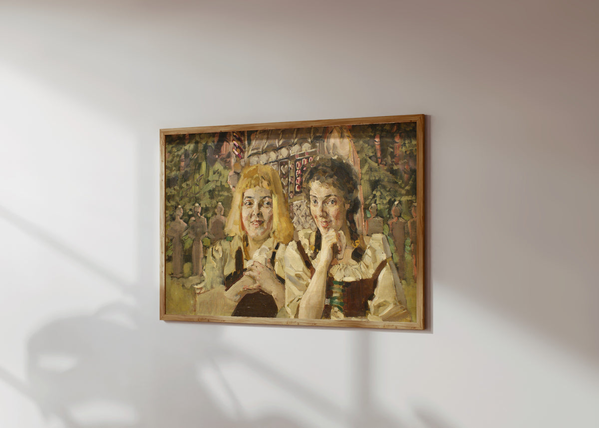 Framed art print of Hansel and Gretel by Mikhail Vrubel, in a light wood frame on a sunlit white wall, seen at a slight angle