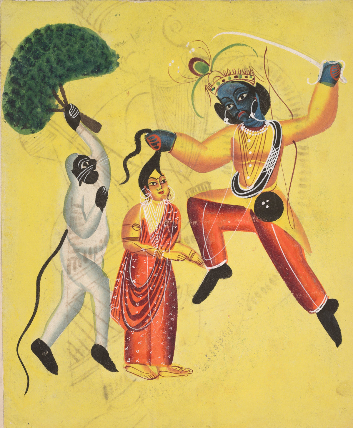 Kalighat painter — Hanuman Attacks Indrajit Holding an Apparition of Sita by the Hair | Kalighat Painting Print