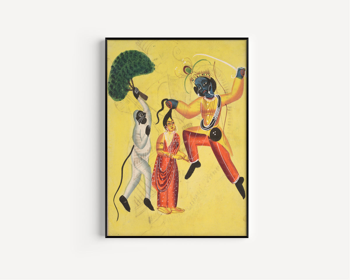 Framed art print of Hanuman Attacks Indrajit Holding an Apparition of Sita by the Hair by Kalighat painter, in a slim black frame on a plain white wall