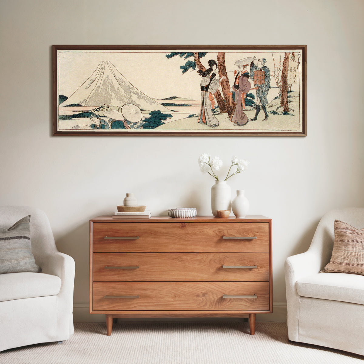 Framed art print of Hara. 3 ri and 6 chō to Yoshiwara by Katsushika Hokusai, above a wooden chest of drawers
