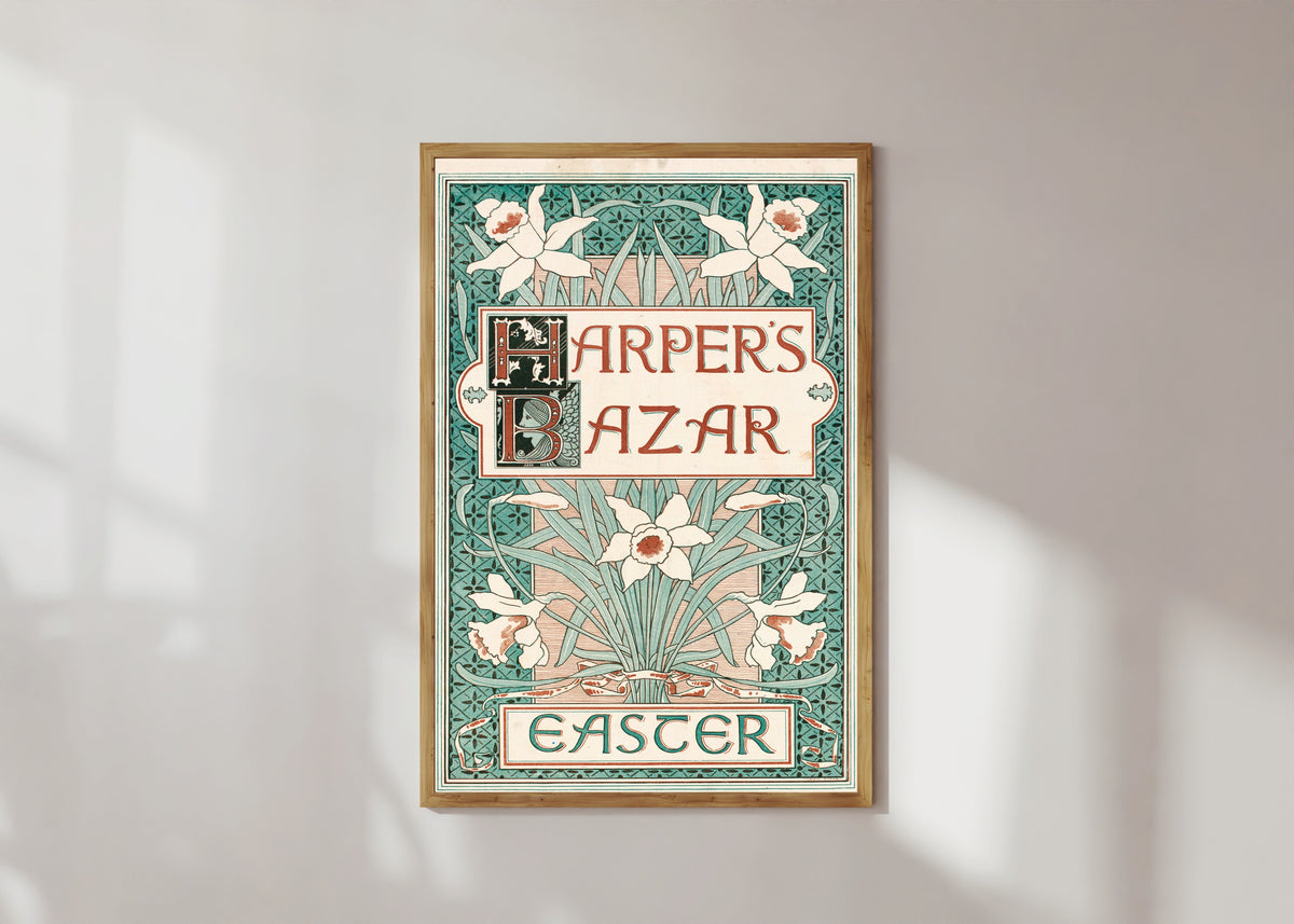 Framed art print of Harper's Bazar, Easter by Louis Rhead, in a light wood frame on a sunlit white wall