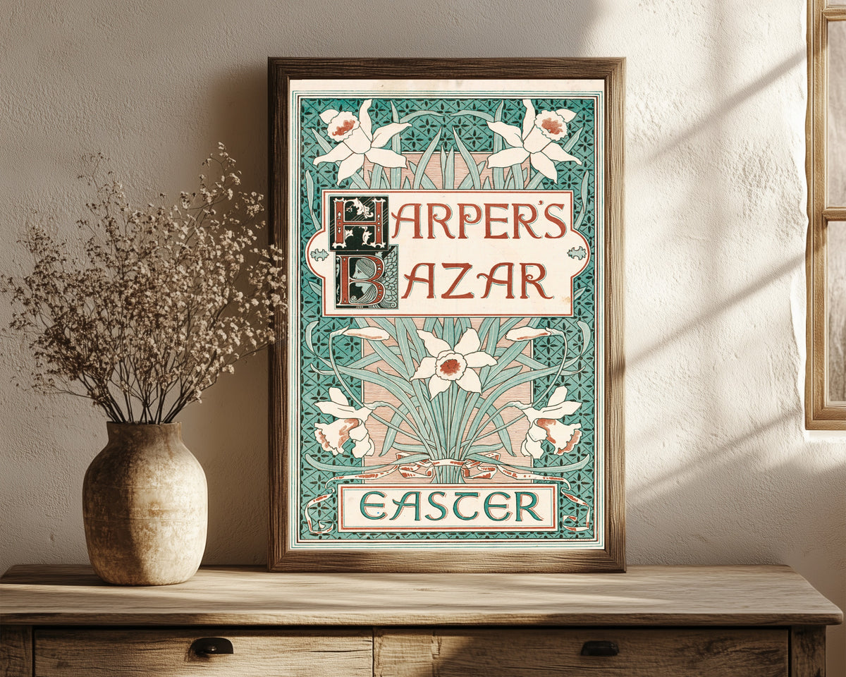 Framed art print of Harper's Bazar, Easter by Louis Rhead, in a dark wood frame leaning on a rustic console beside dried flowers