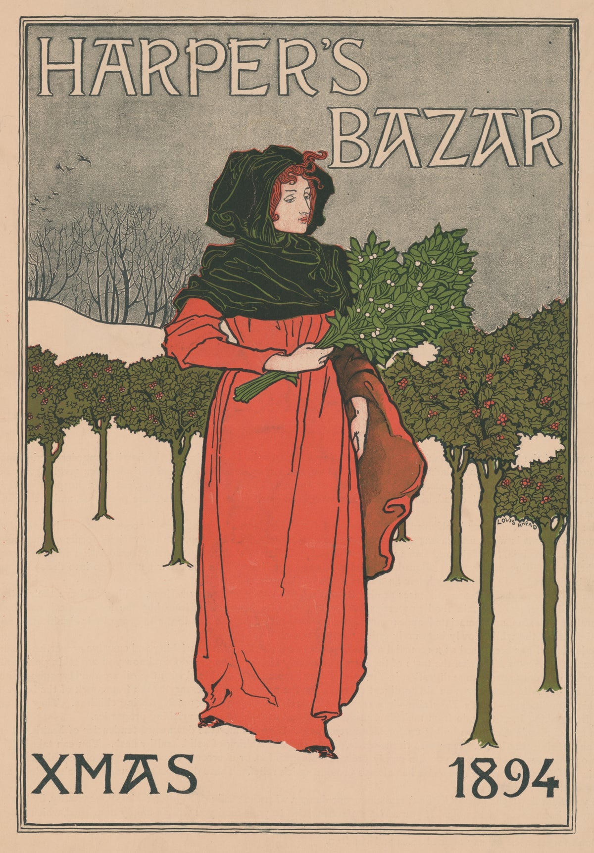 Harper's Bazar, Xmas 1894 by Louis Rhead — A hooded woman in red carries white-berried greenery through snow