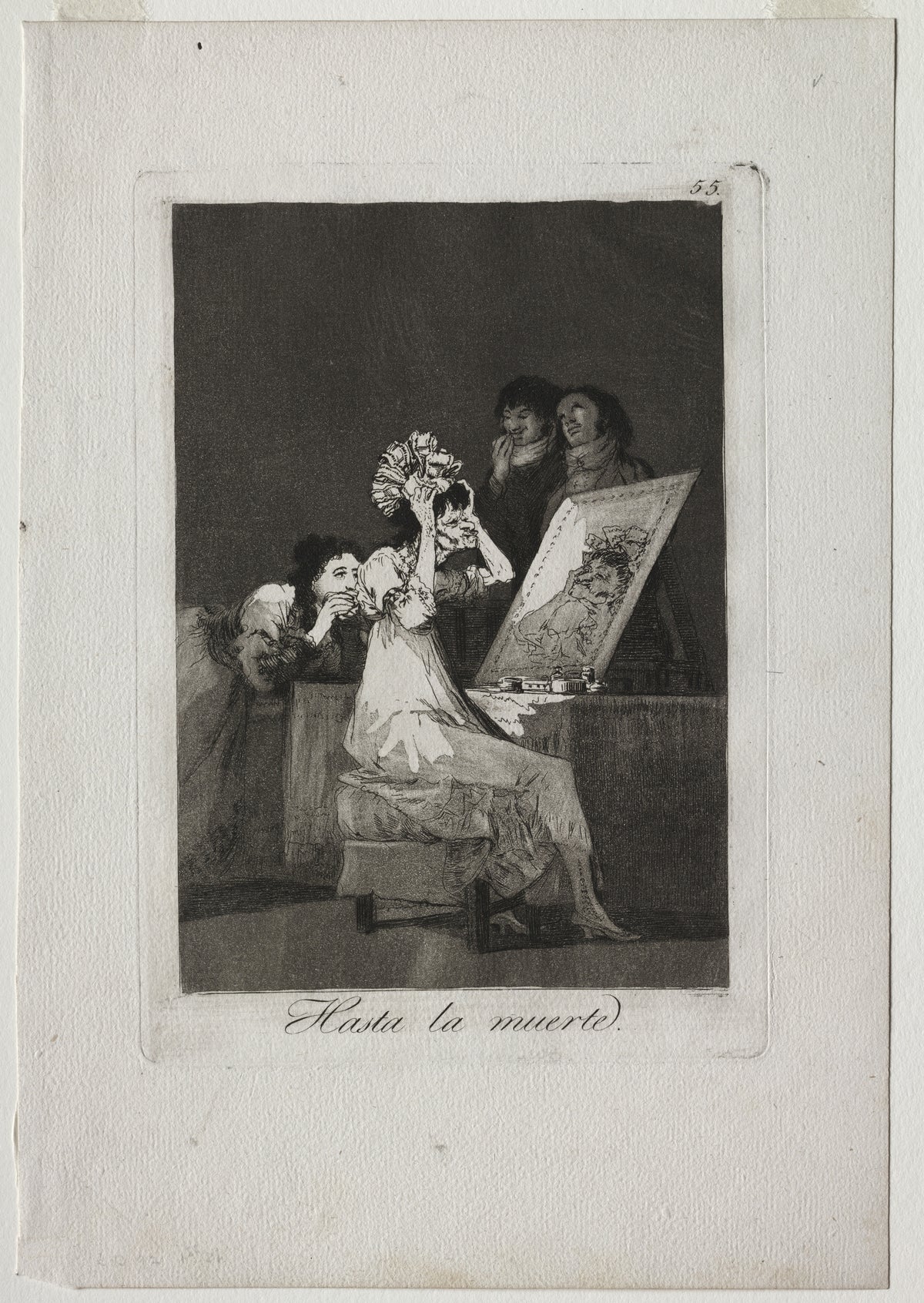 Hasta la muerte (Until Death), Los Caprichos, Plate 55 by Francisco de Goya — An old woman primps at her mirror as onlookers stifle laughter