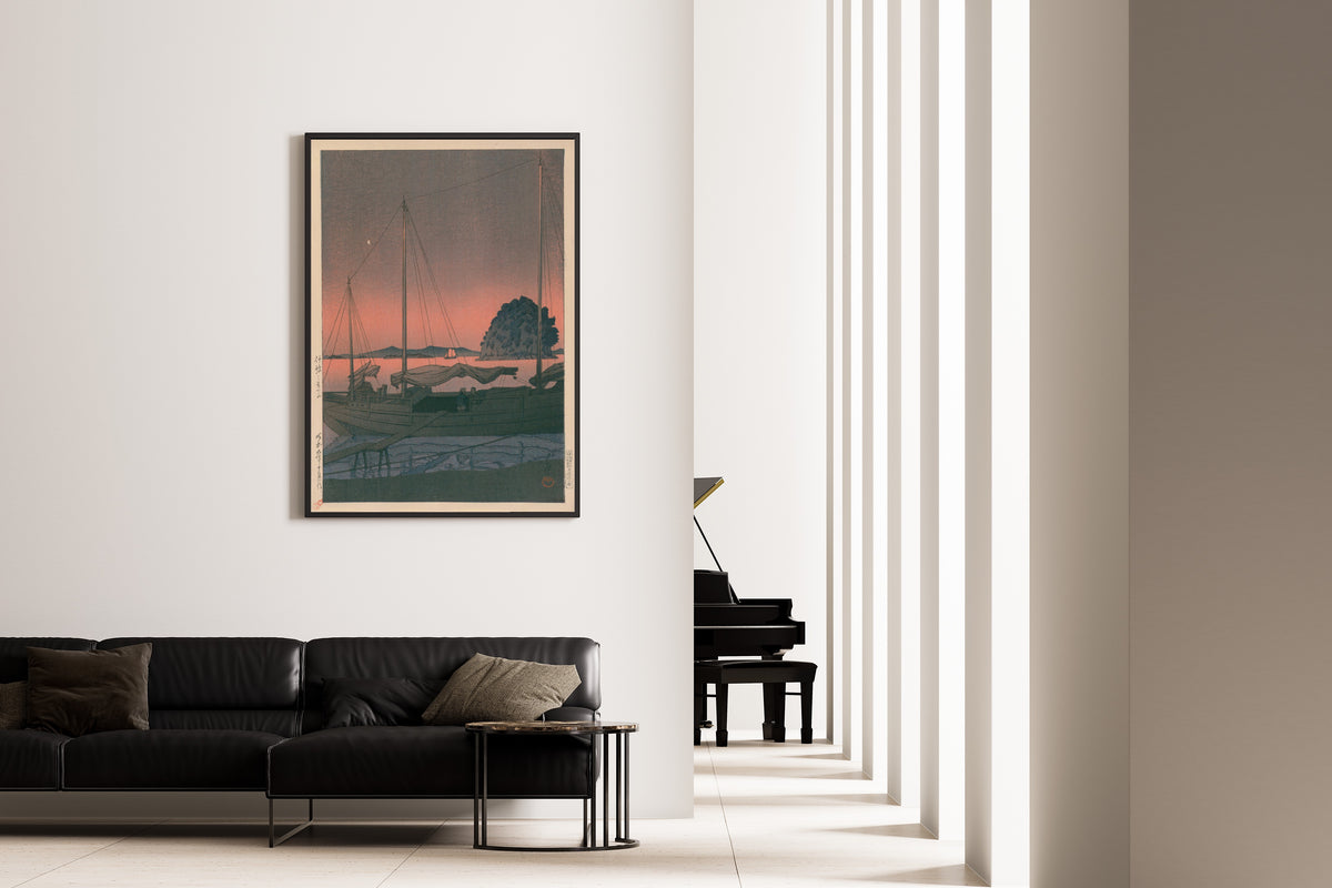 Framed art print of Hayama in Iyo by Kawase Hasui, on the wall of a minimal living room
