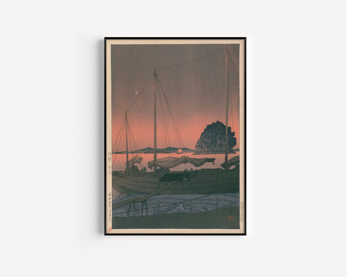 Framed art print of Hayama in Iyo by Kawase Hasui, in a slim black frame on a plain white wall
