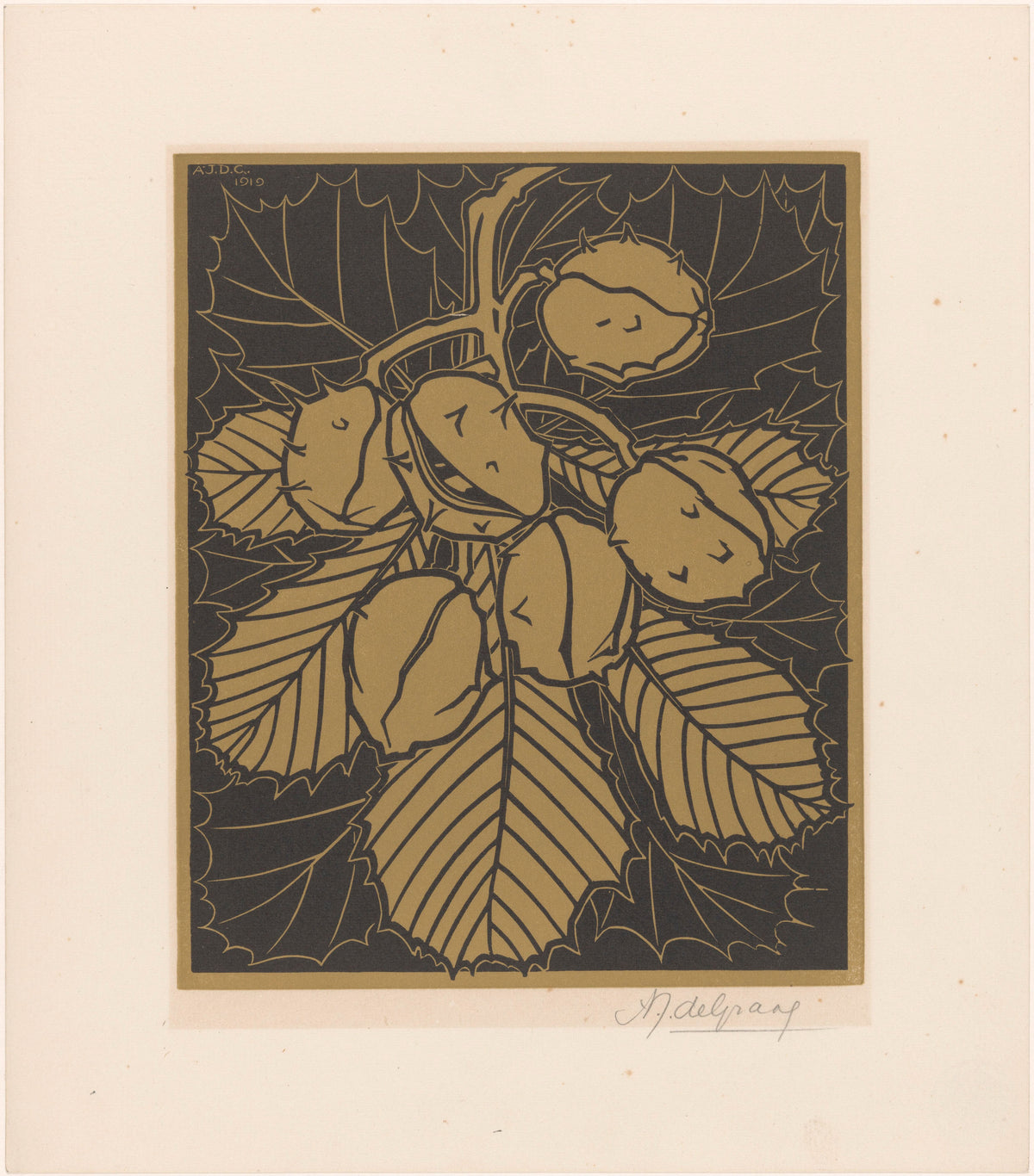 Julie de Graag — Hazelnuts and leaves | Woodcut Print
